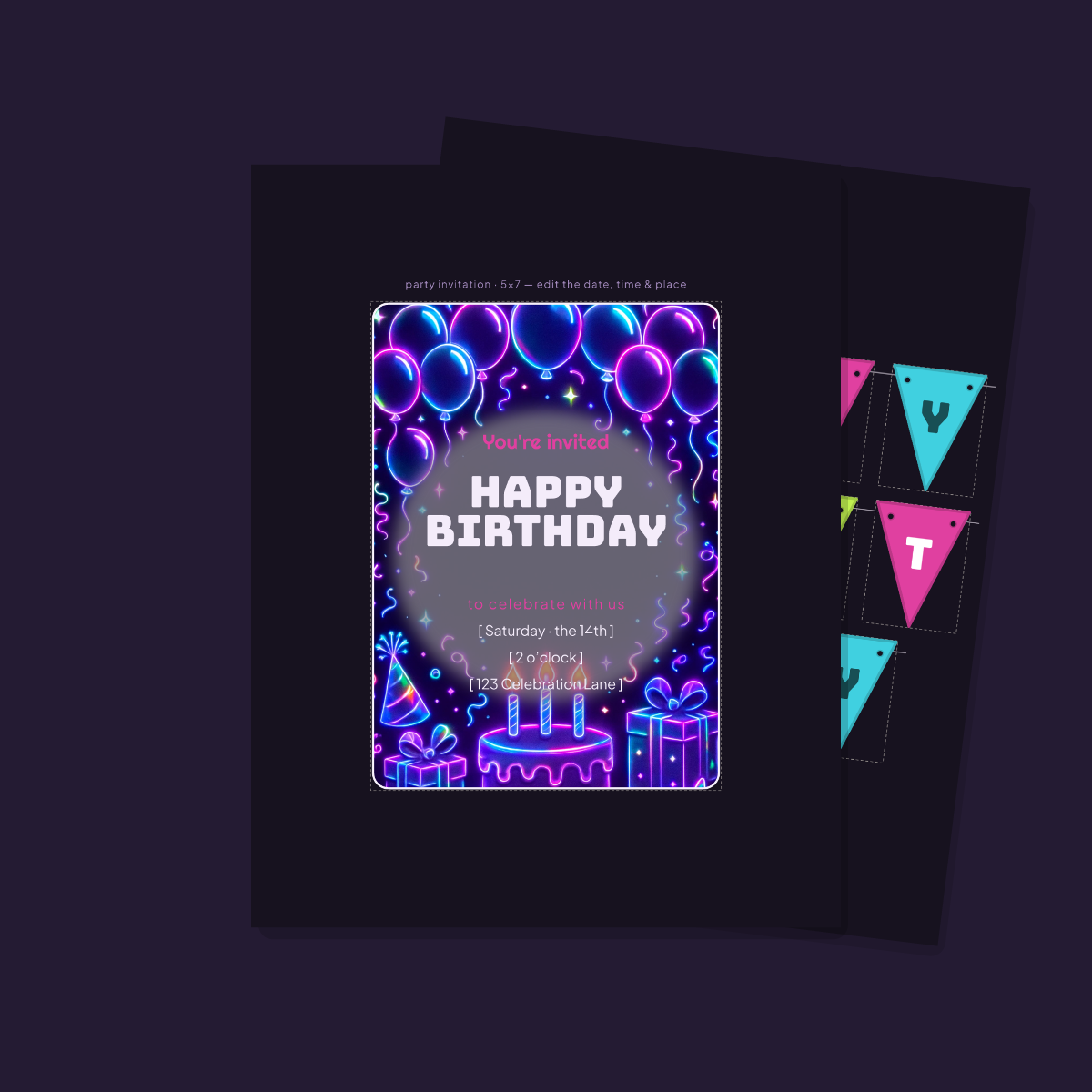 Birthday Party Printables — Neon Y2K (Invitation, Banner, Cupcake Toppers, Tags, Labels & Welcome Sign) — Printable PDF + SVG preview 2