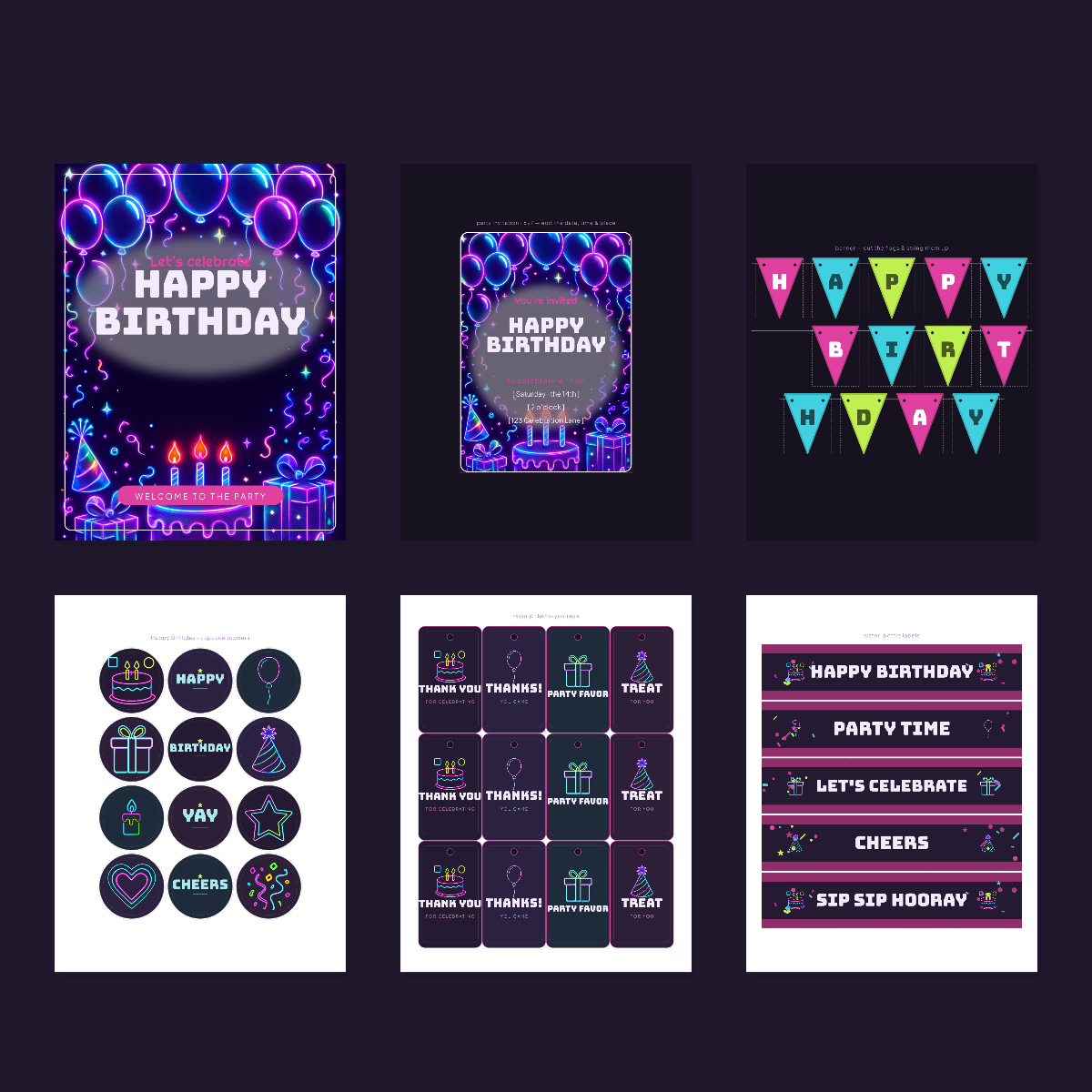 Birthday Party Printables — Neon Y2K (Invitation, Banner, Cupcake Toppers, Tags, Labels & Welcome Sign) — Printable PDF + SVG preview 3