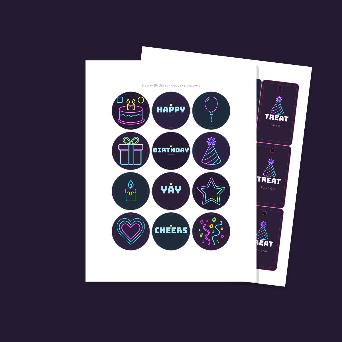 Birthday Party Printables — Neon Y2K (Invitation, Banner, Cupcake Toppers, Tags, Labels & Welcome Sign) — Printable PDF + SVG preview 4