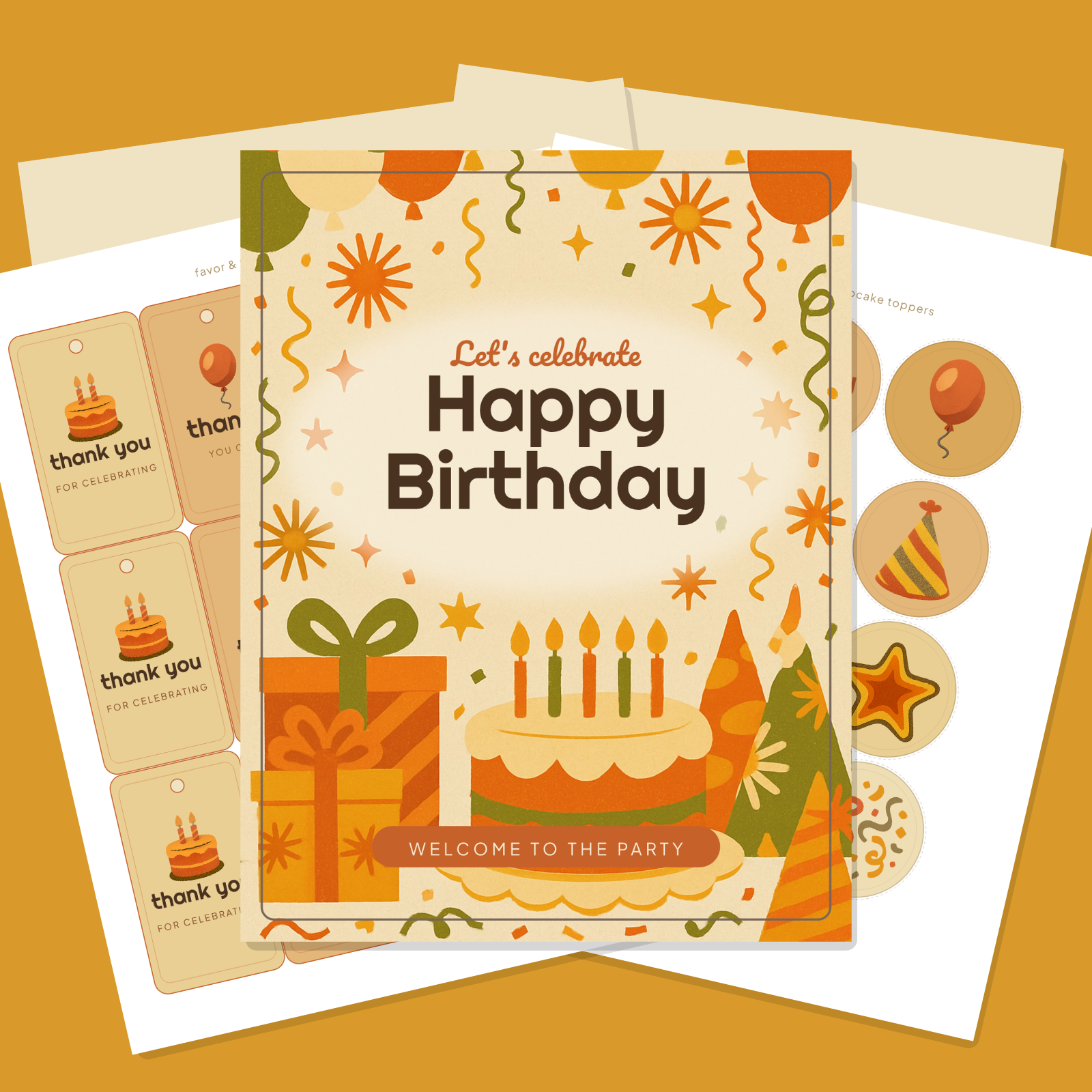 Birthday Party Printables — Retro 70s (Invitation, Banner, Cupcake Toppers, Tags, Labels & Welcome Sign) — Printable PDF + SVG