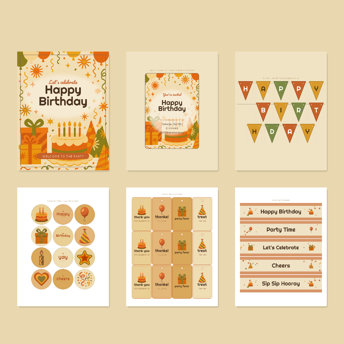 Birthday Party Printables — Retro 70s (Invitation, Banner, Cupcake Toppers, Tags, Labels & Welcome Sign) — Printable PDF + SVG preview 3