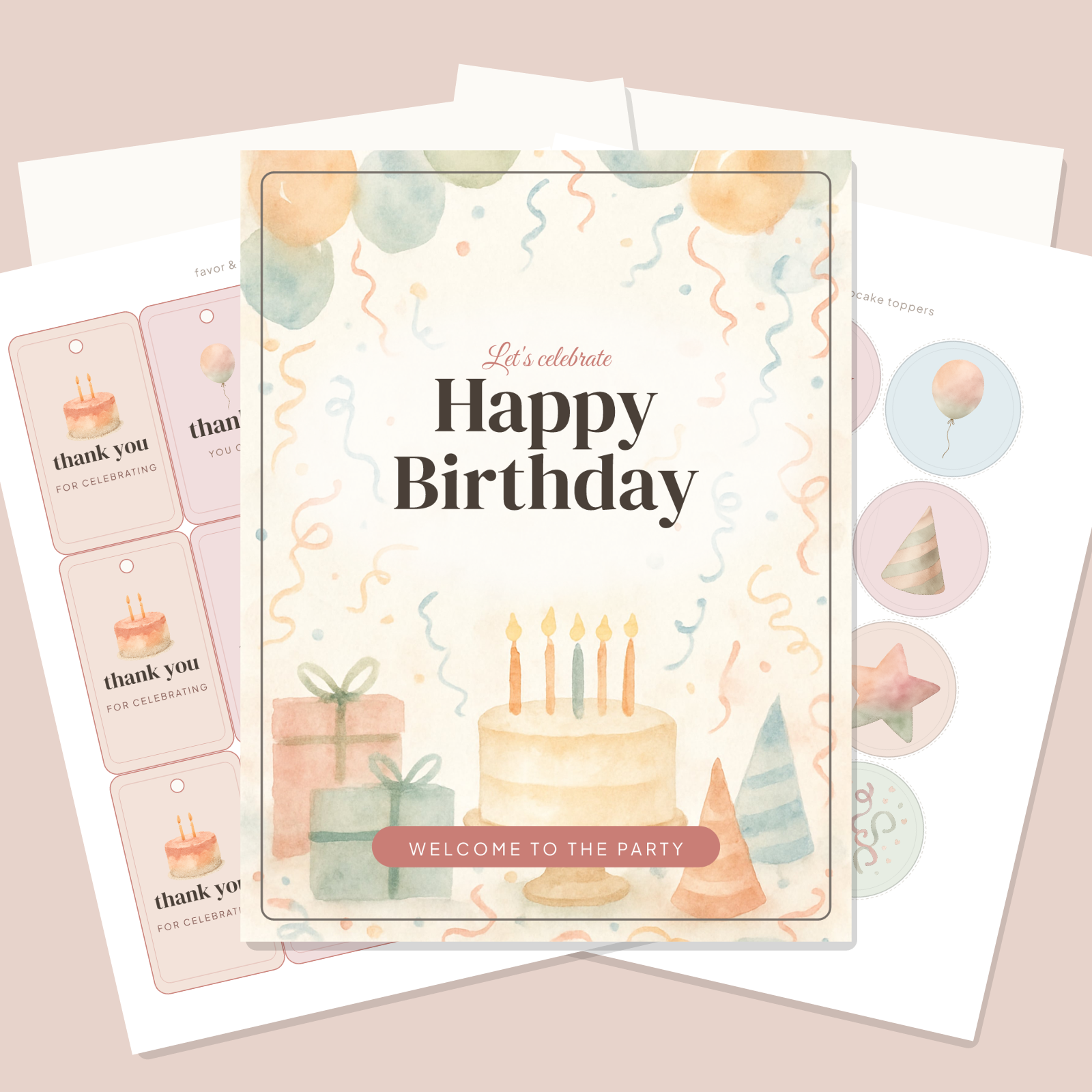 Birthday Party Printables — Watercolor (Invitation, Banner, Cupcake Toppers, Tags, Labels & Welcome Sign) — Printable PDF + SVG