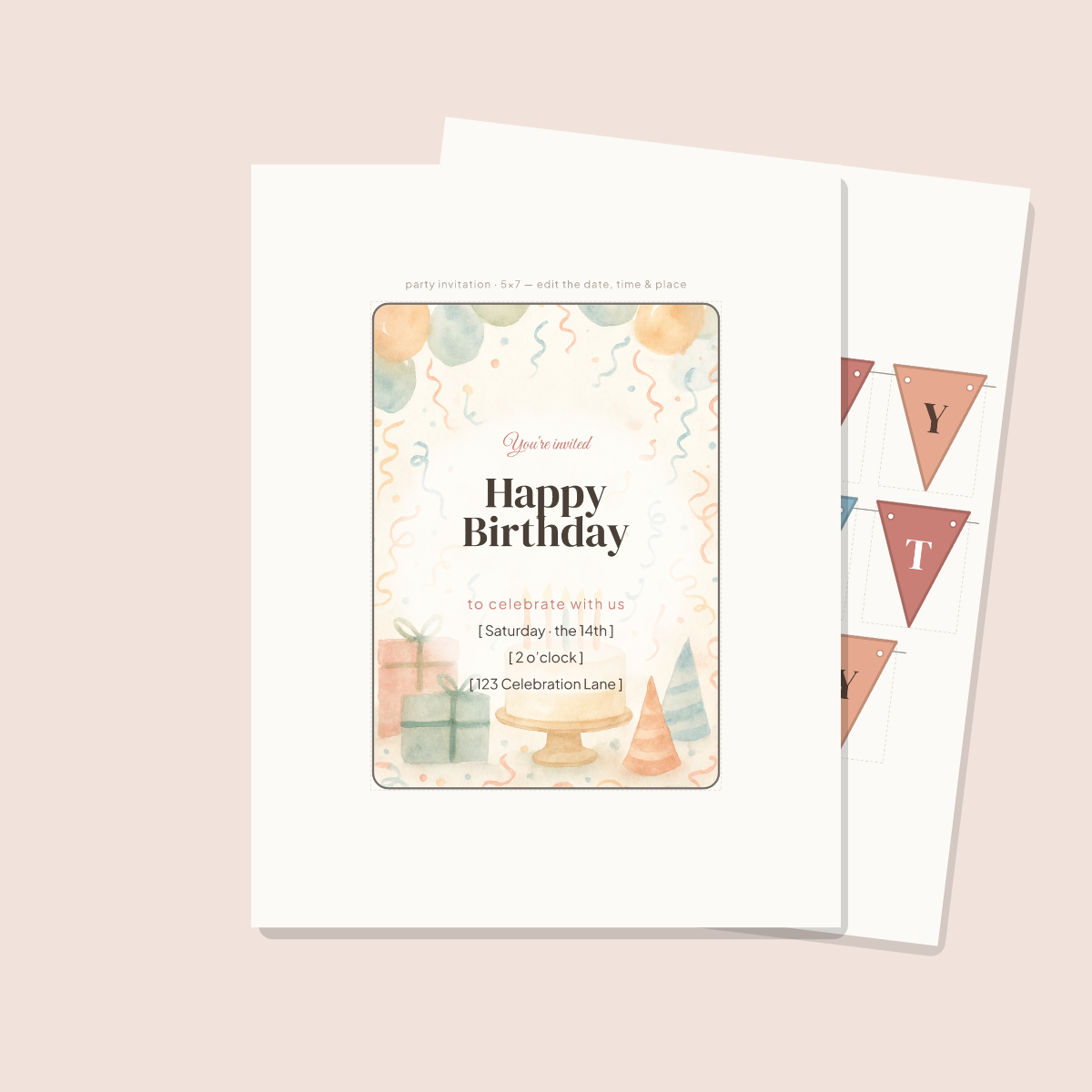 Birthday Party Printables — Watercolor (Invitation, Banner, Cupcake Toppers, Tags, Labels & Welcome Sign) — Printable PDF + SVG preview 2