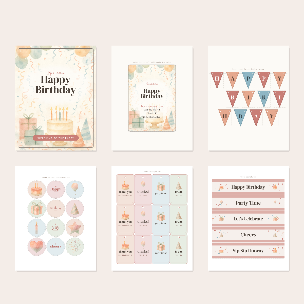 Birthday Party Printables — Watercolor (Invitation, Banner, Cupcake Toppers, Tags, Labels & Welcome Sign) — Printable PDF + SVG preview 3