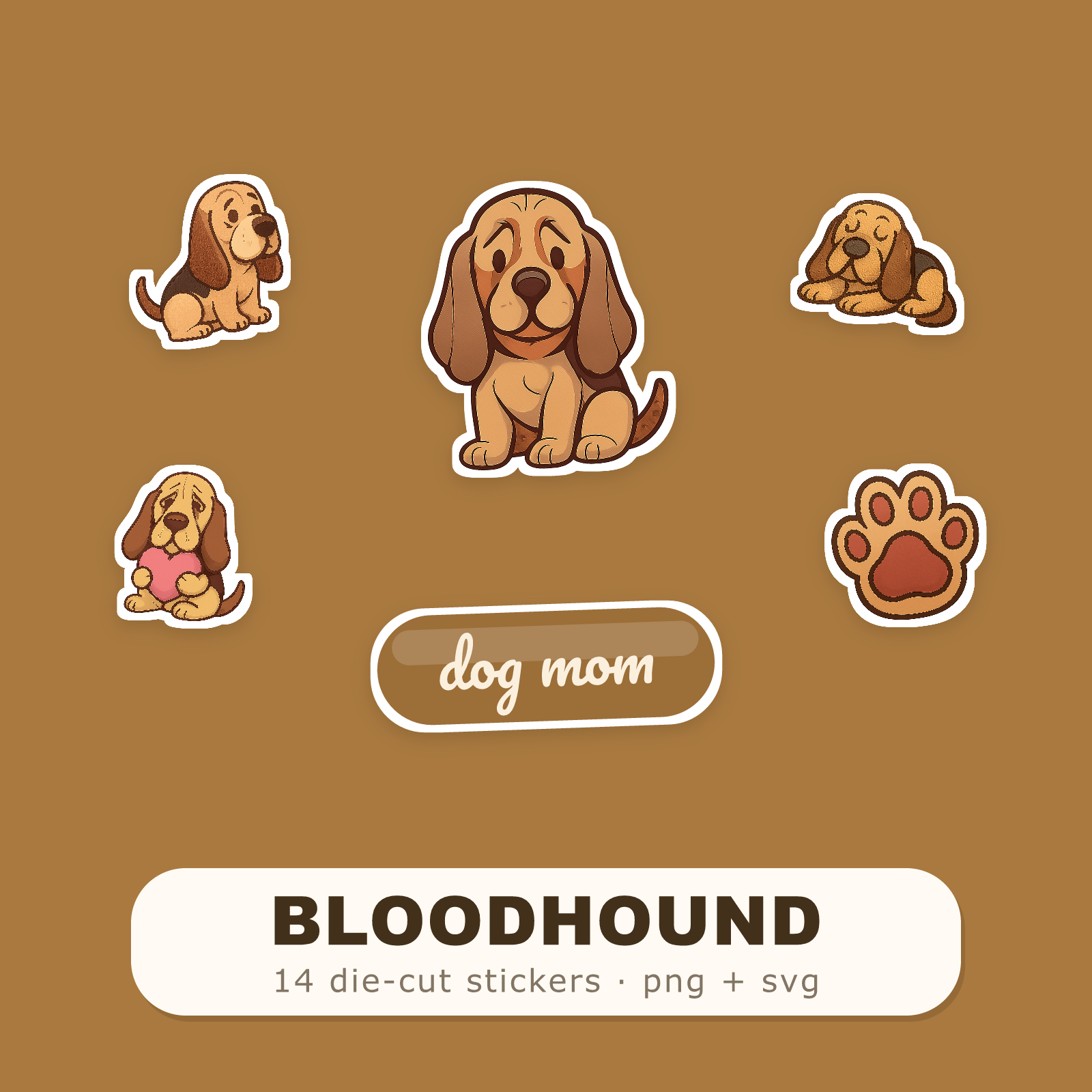 Bloodhound Kawaii Sticker Pack — Dog Mom Die-Cut Stickers (PNG + SVG, Commercial Use)