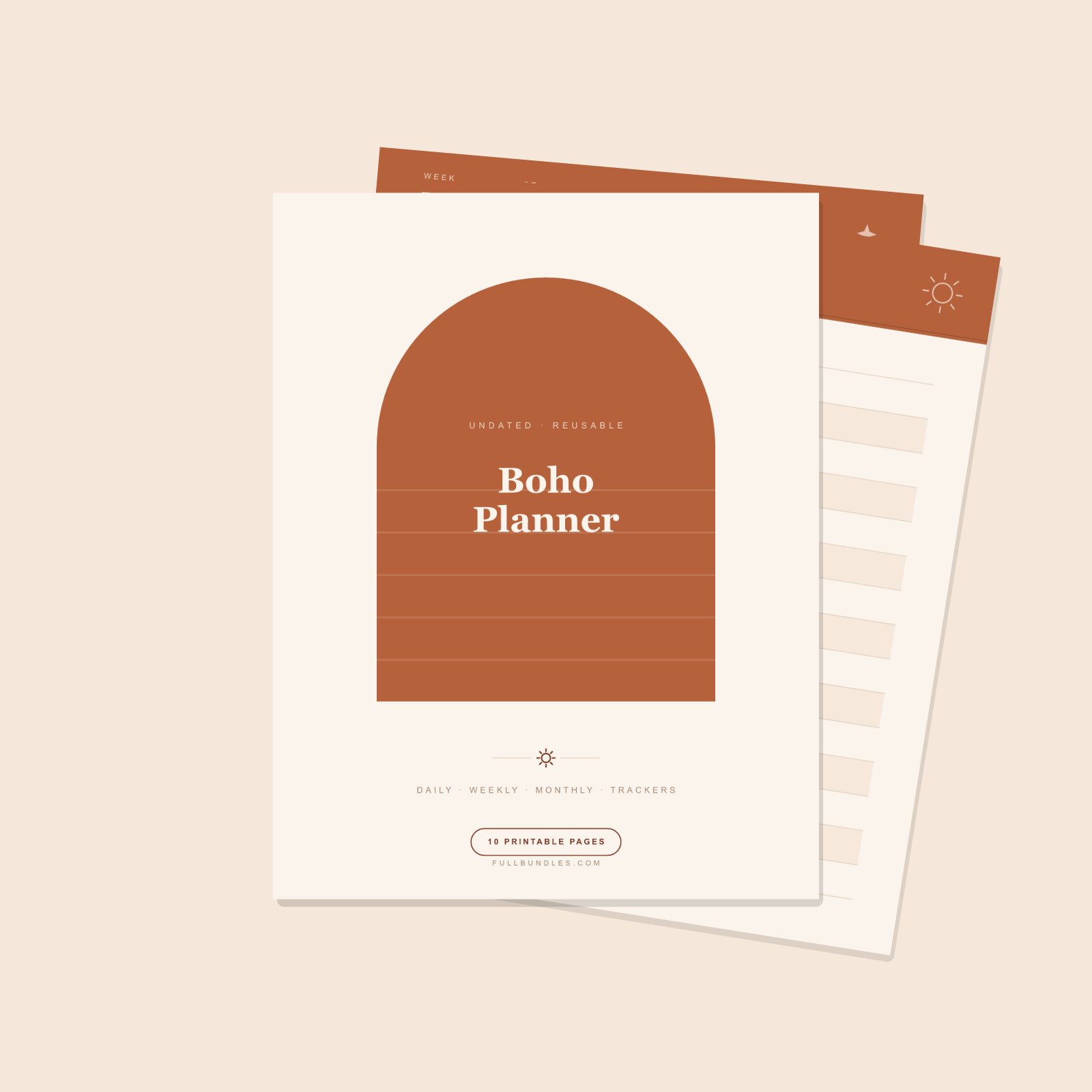 Boho Weekly Planner — 10 Printable Pages (Daily, Weekly, Monthly + Trackers · A4 + US Letter PDF + SVG)