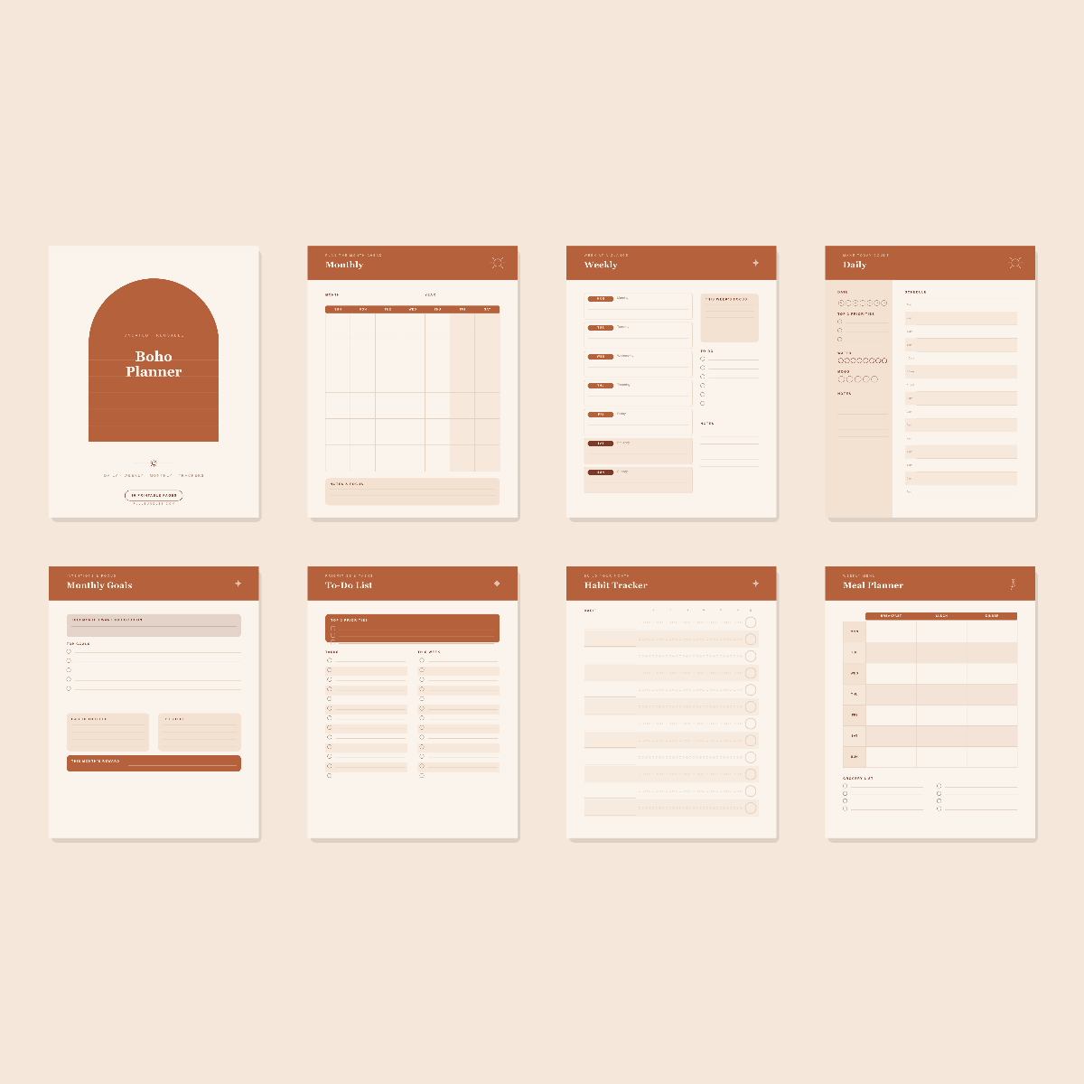 Boho Weekly Planner — 10 Printable Pages (Daily, Weekly, Monthly + Trackers · A4 + US Letter PDF + SVG) preview 3