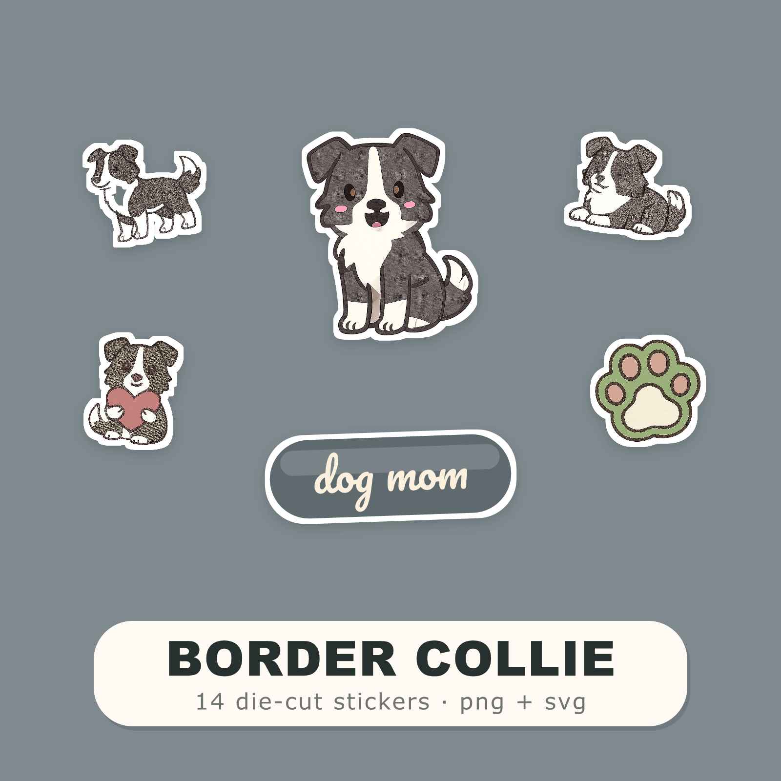 Border Collie Kawaii Sticker Pack — Dog Mom Die-Cut Stickers (PNG + SVG, Commercial Use)