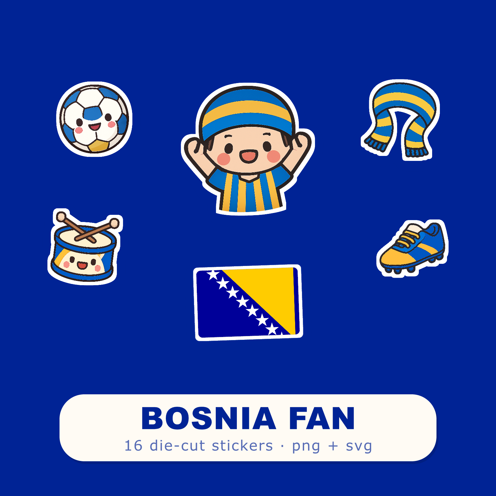 Bosnia & Herz. Football Fan Sticker Pack — 16 Kawaii Die-Cut Supporter Stickers (PNG + SVG)
