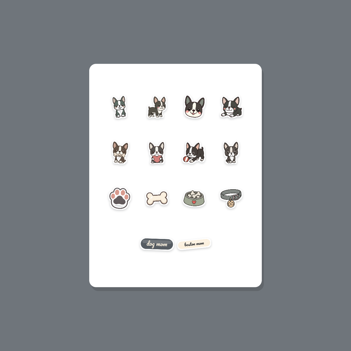Boston Terrier Kawaii Sticker Pack — Dog Mom Die-Cut Stickers (PNG + SVG, Commercial Use) preview 3
