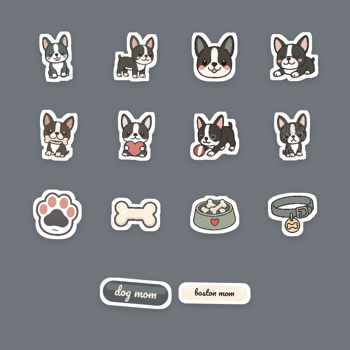 Boston Terrier Kawaii Sticker Pack — Dog Mom Die-Cut Stickers (PNG + SVG, Commercial Use) preview 4