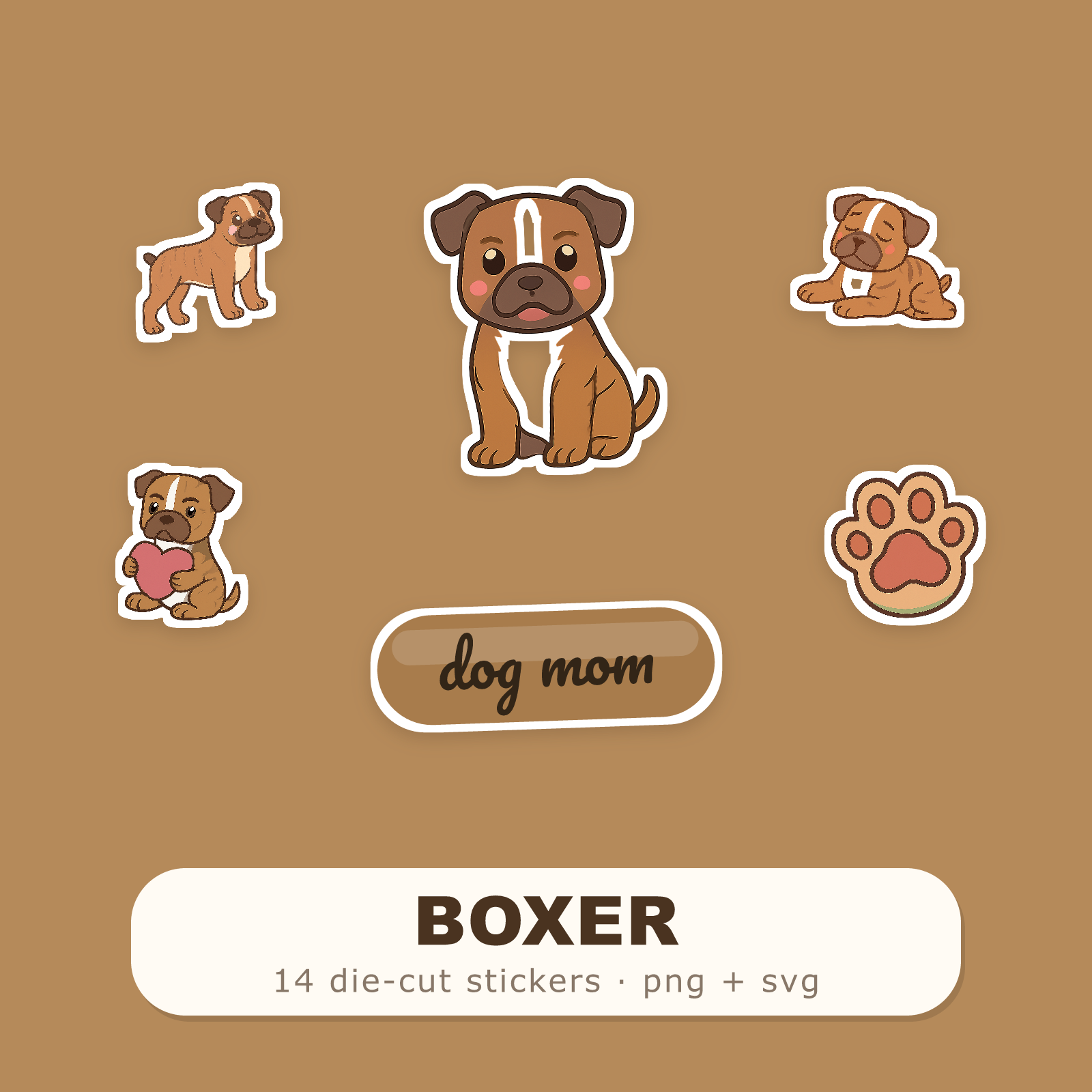 Boxer Kawaii Sticker Pack — Dog Mom Die-Cut Stickers (PNG + SVG, Commercial Use)