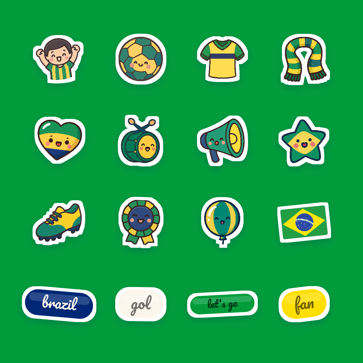 Brazil Football Fan Sticker Pack — 16 Kawaii Die-Cut Supporter Stickers (PNG + SVG) preview 4