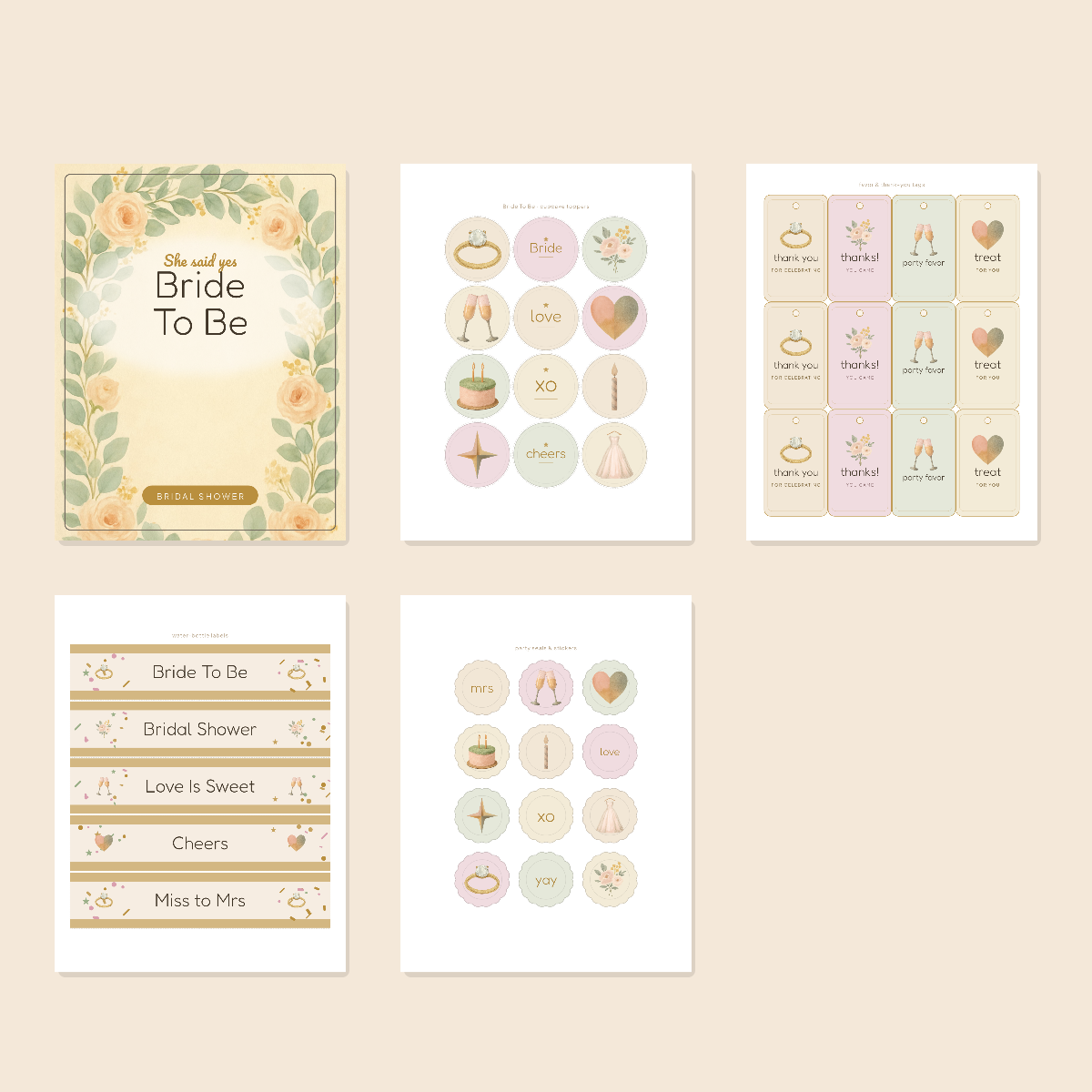 Bridal Shower Printables Set — Cupcake Toppers, Favor Tags, Labels & Welcome Sign (Printable PDF + SVG) preview 3