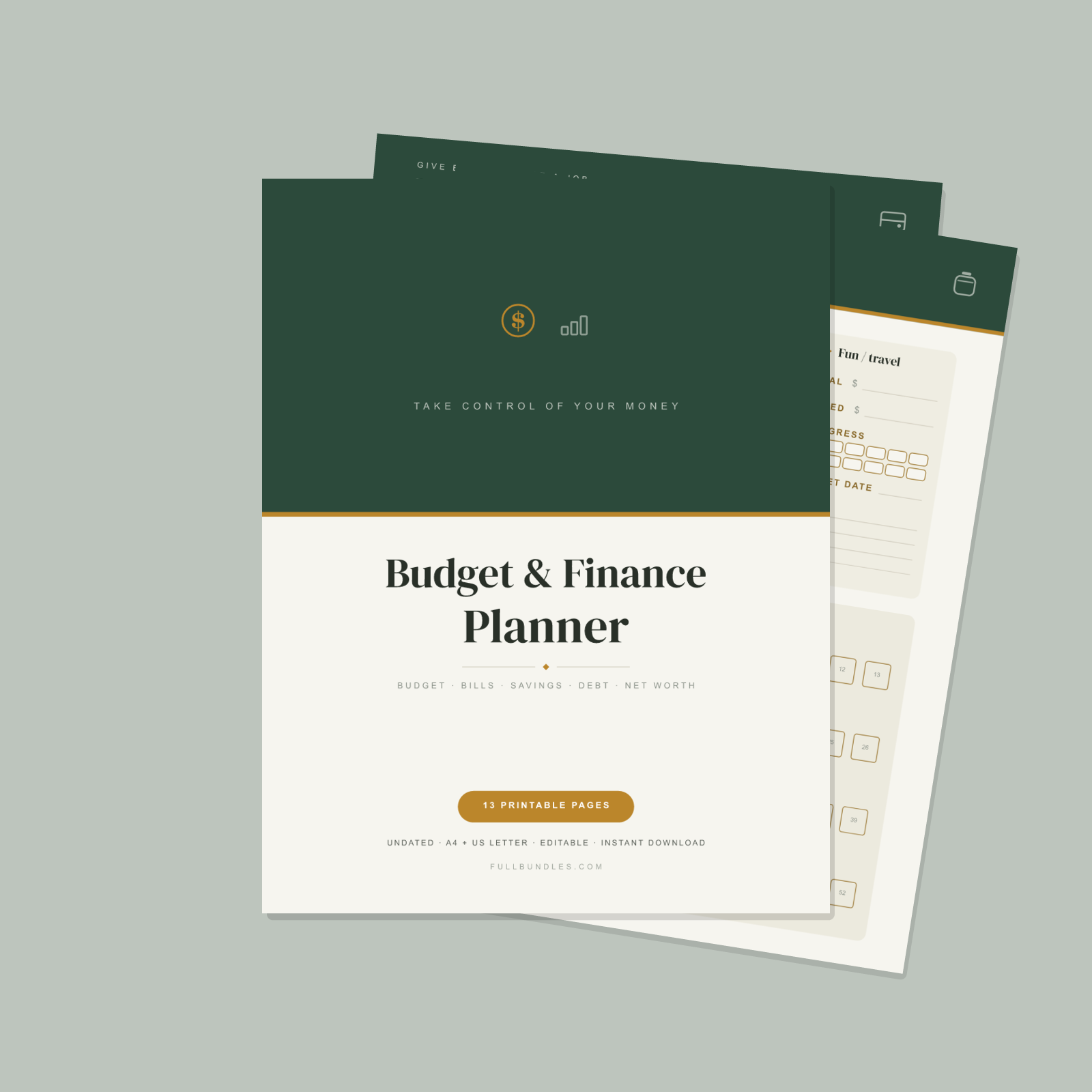 Budget & Finance Planner — 13 Printable Pages (Monthly Budget, Bills, Savings, Debt Payoff, Net Worth + Year at a Glance · A4 + US Letter PDF + SVG)