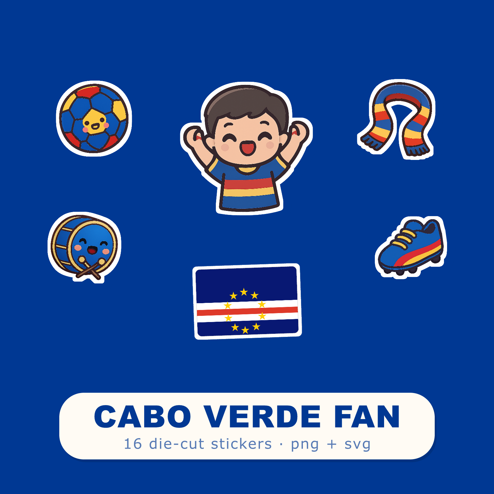 Cabo Verde Football Fan Sticker Pack — 16 Kawaii Die-Cut Supporter Stickers (PNG + SVG)