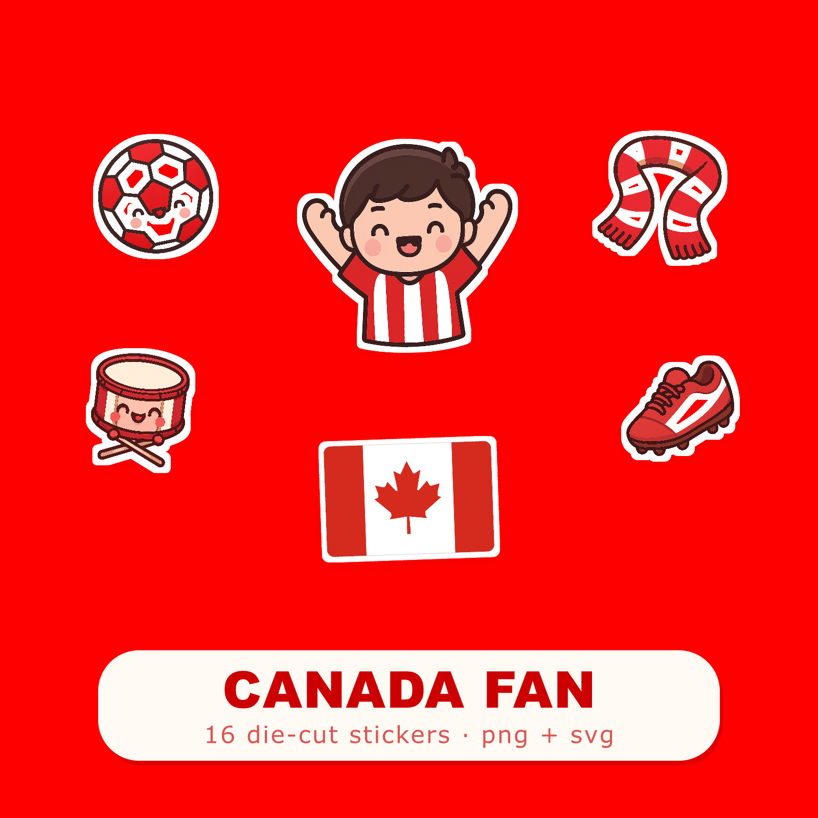 Canada Football Fan Sticker Pack — 16 Kawaii Die-Cut Supporter Stickers (PNG + SVG)