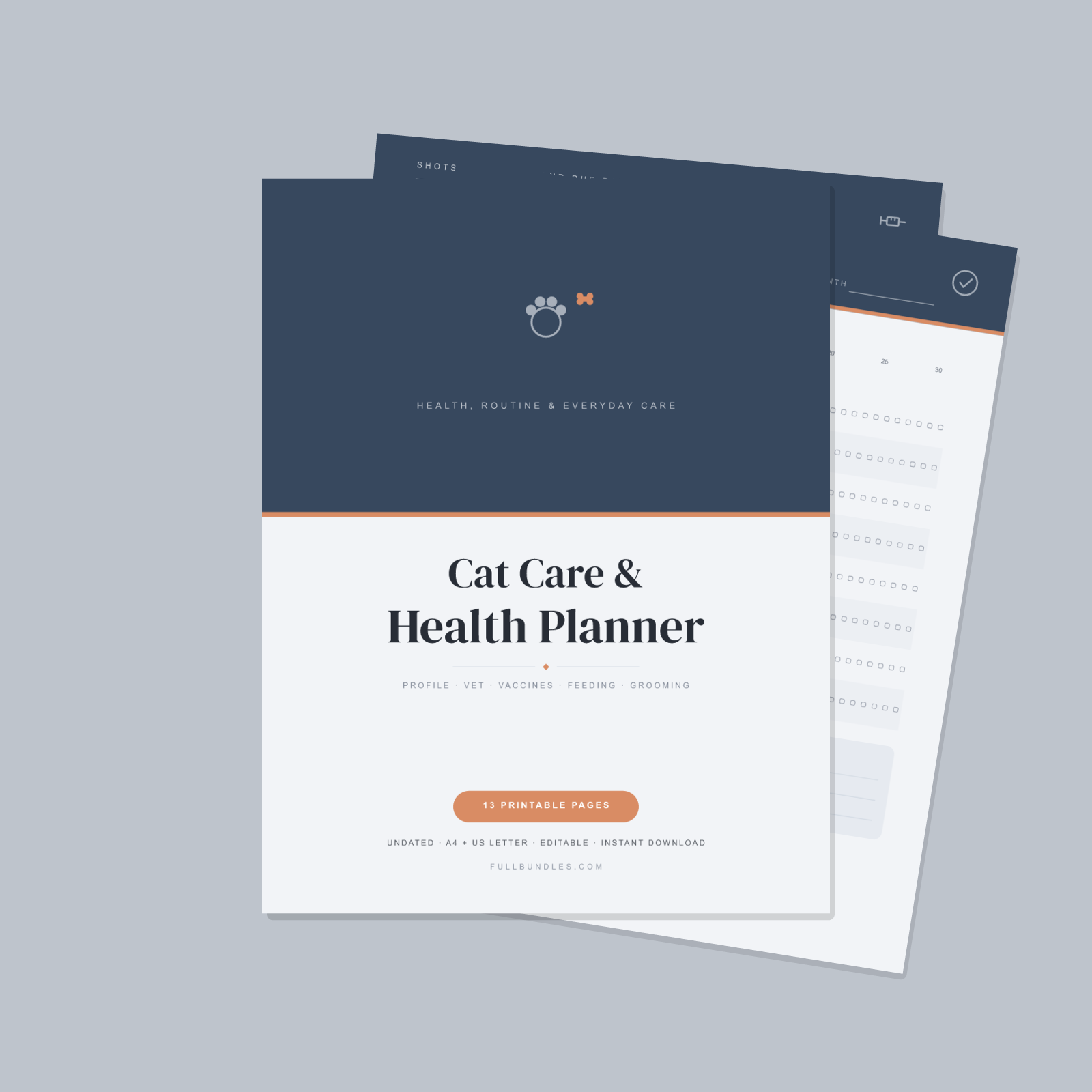 Cat Care & Health Planner — 13 Printable Pages (Cat Profile, Vet Log, Vaccination Record, Weight & Feeding Trackers, Grooming, Litter & Play, Training & Cat Budget · A4 + US Letter PDF + SVG)