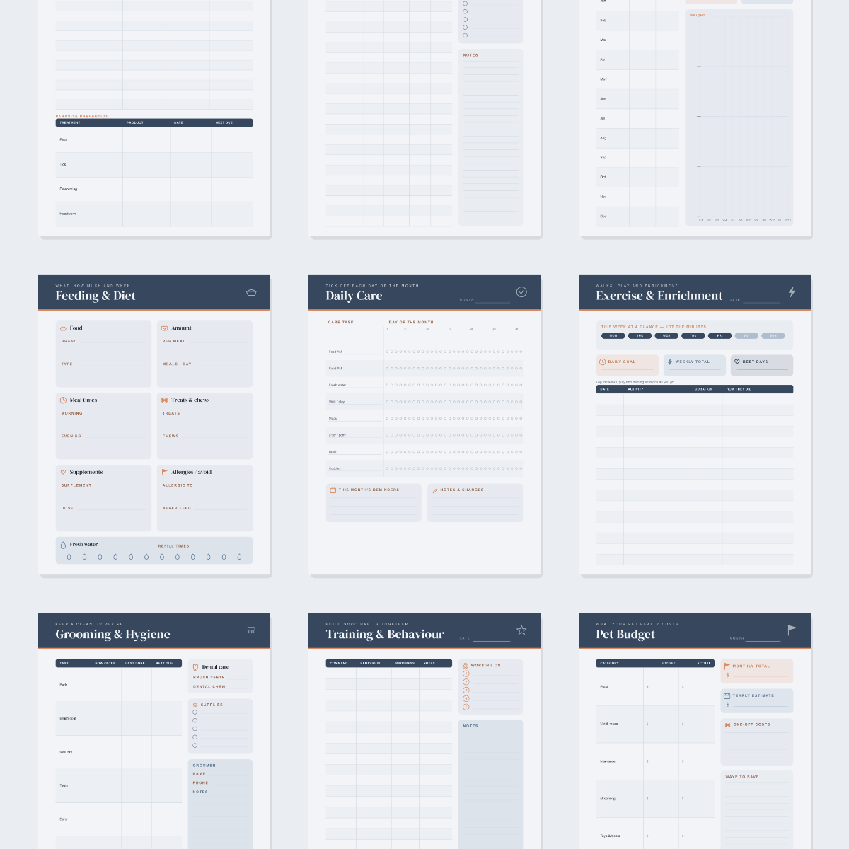 Cat Care & Health Planner — 13 Printable Pages (Cat Profile, Vet Log, Vaccination Record, Weight & Feeding Trackers, Grooming, Litter & Play, Training & Cat Budget · A4 + US Letter PDF + SVG) preview 3
