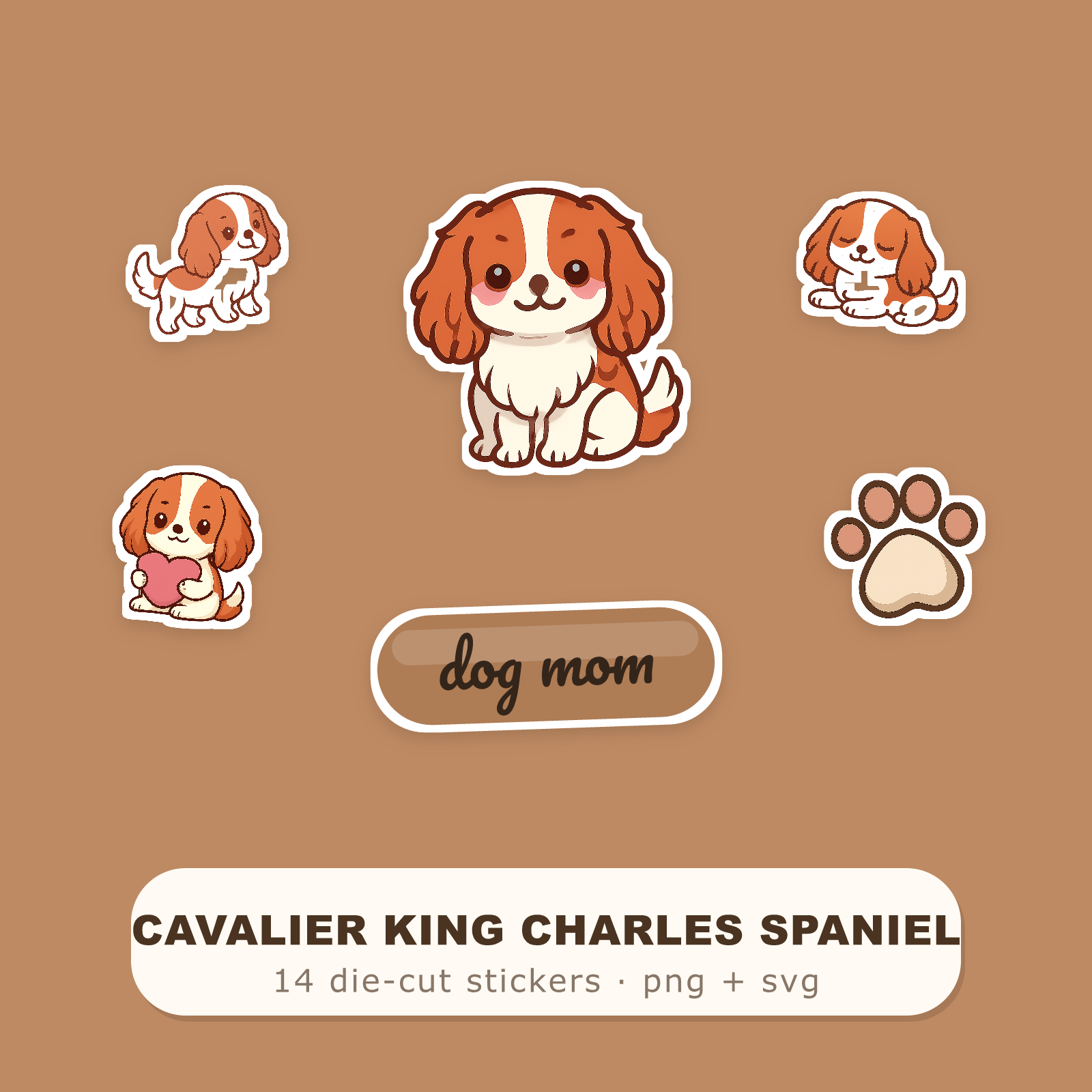 Cavalier King Charles Spaniel Kawaii Sticker Pack — Dog Mom Die-Cut Stickers (PNG + SVG, Commercial Use)
