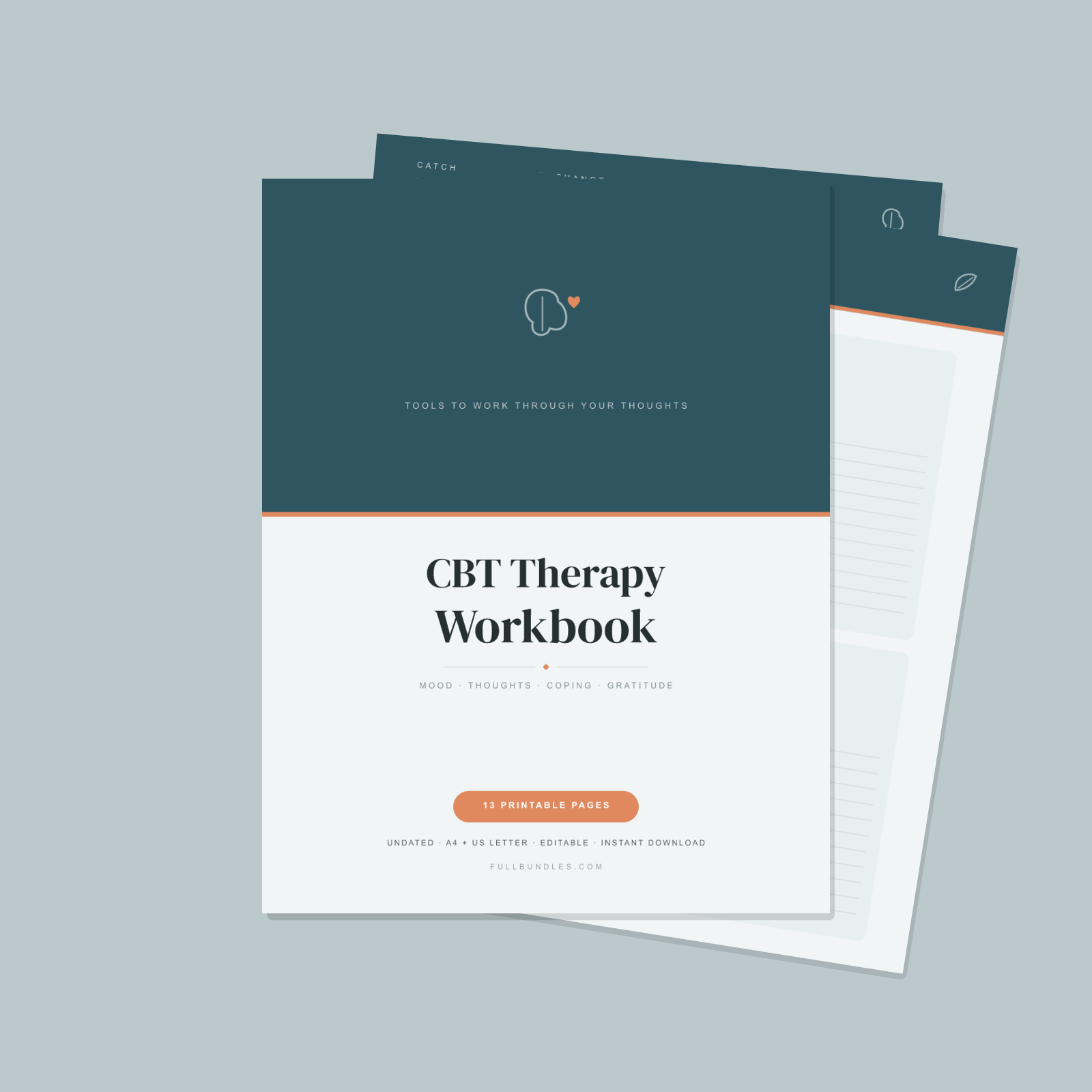 CBT Therapy Workbook — 13 Printable Pages (Thought Records, Mood Tracker, Thinking Traps, Trigger Log, Coping Toolkit, Weekly Reflection · A4 + US Letter PDF + SVG)