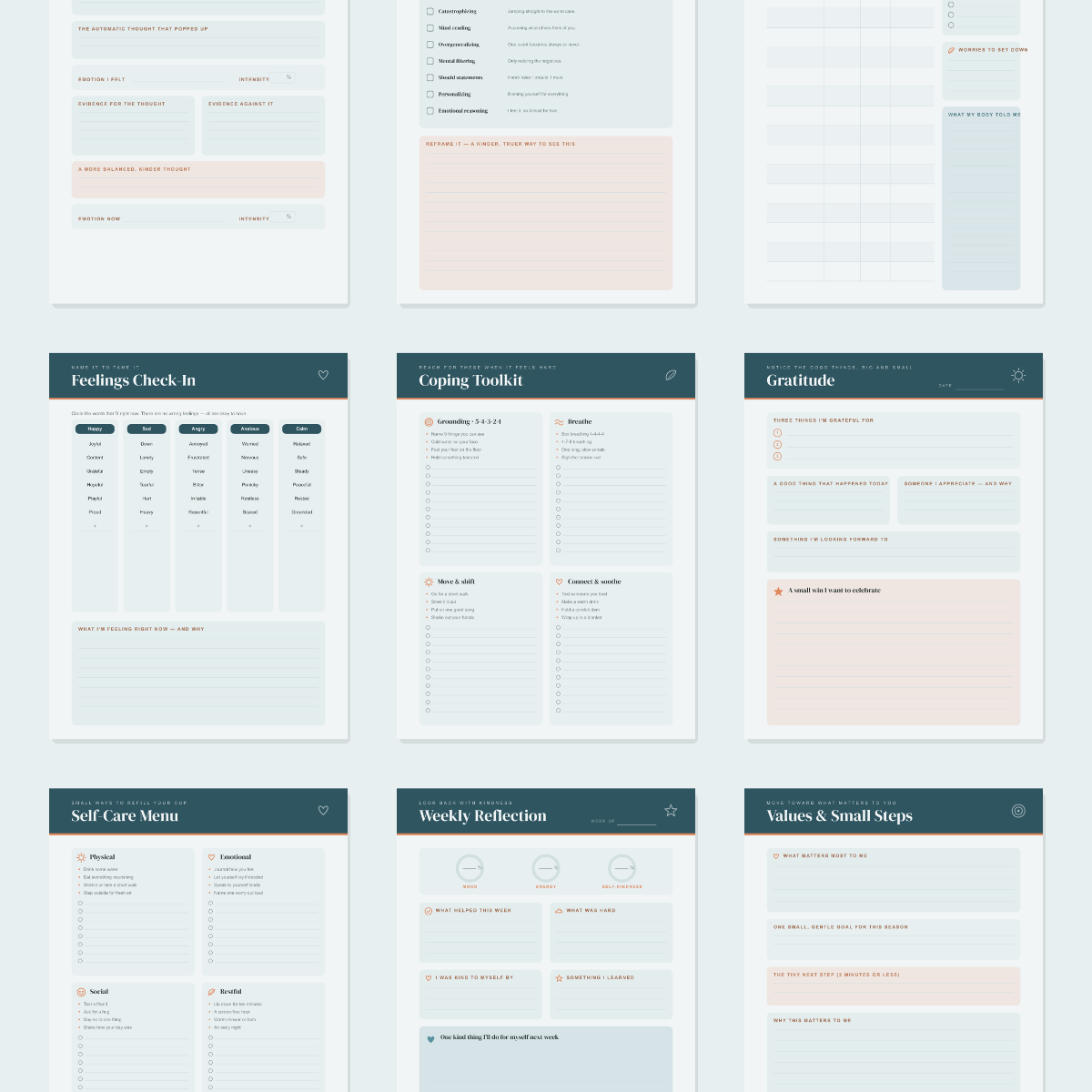 CBT Therapy Workbook — 13 Printable Pages (Thought Records, Mood Tracker, Thinking Traps, Trigger Log, Coping Toolkit, Weekly Reflection · A4 + US Letter PDF + SVG) preview 3