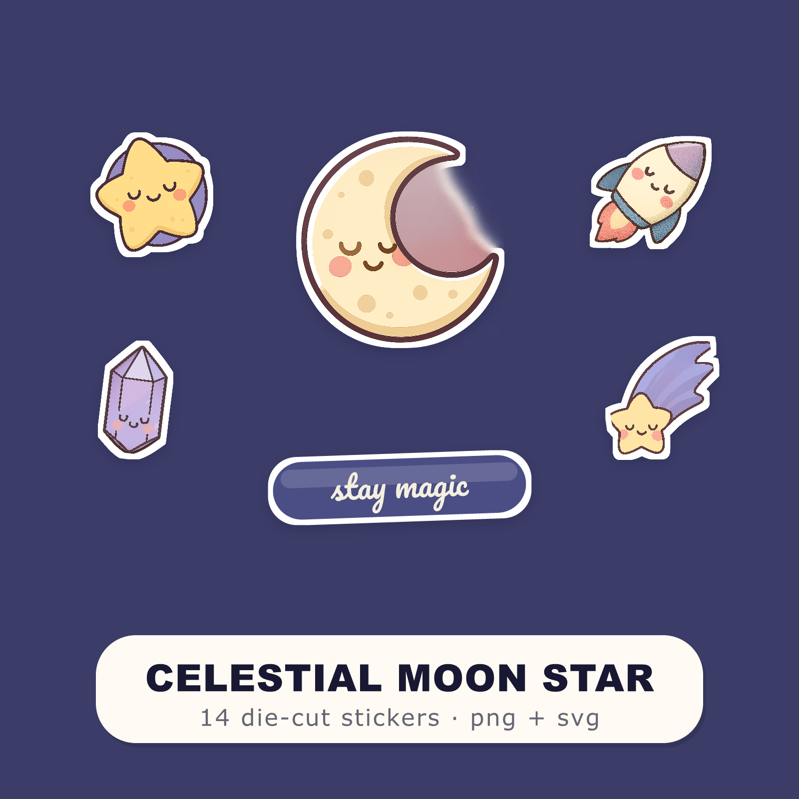 Celestial Sticker Pack — 14 Die-Cut Moon, Star & Crystal Stickers (PNG + SVG, Commercial Use)