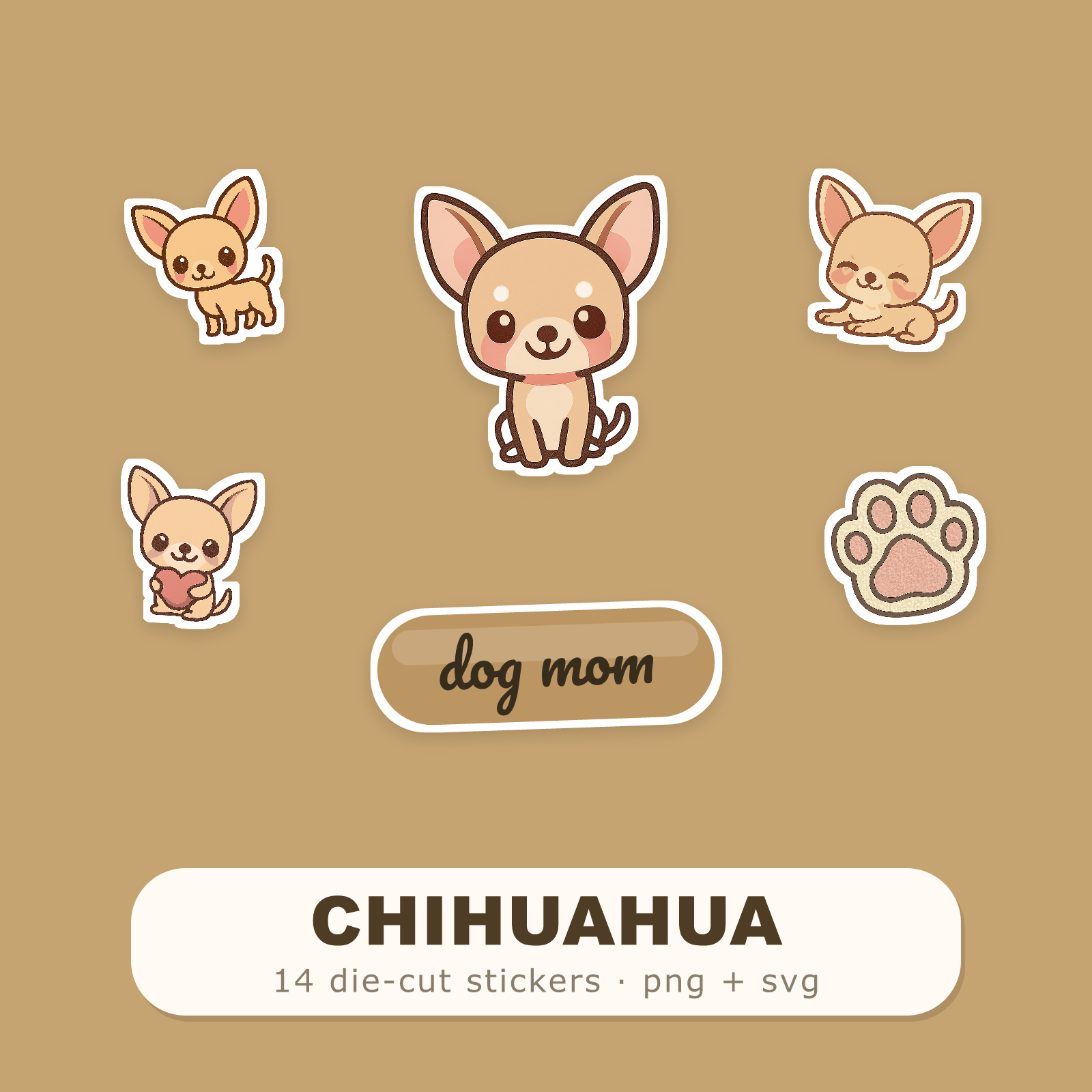 Chihuahua Kawaii Sticker Pack — Dog Mom Die-Cut Stickers (PNG + SVG, Commercial Use)