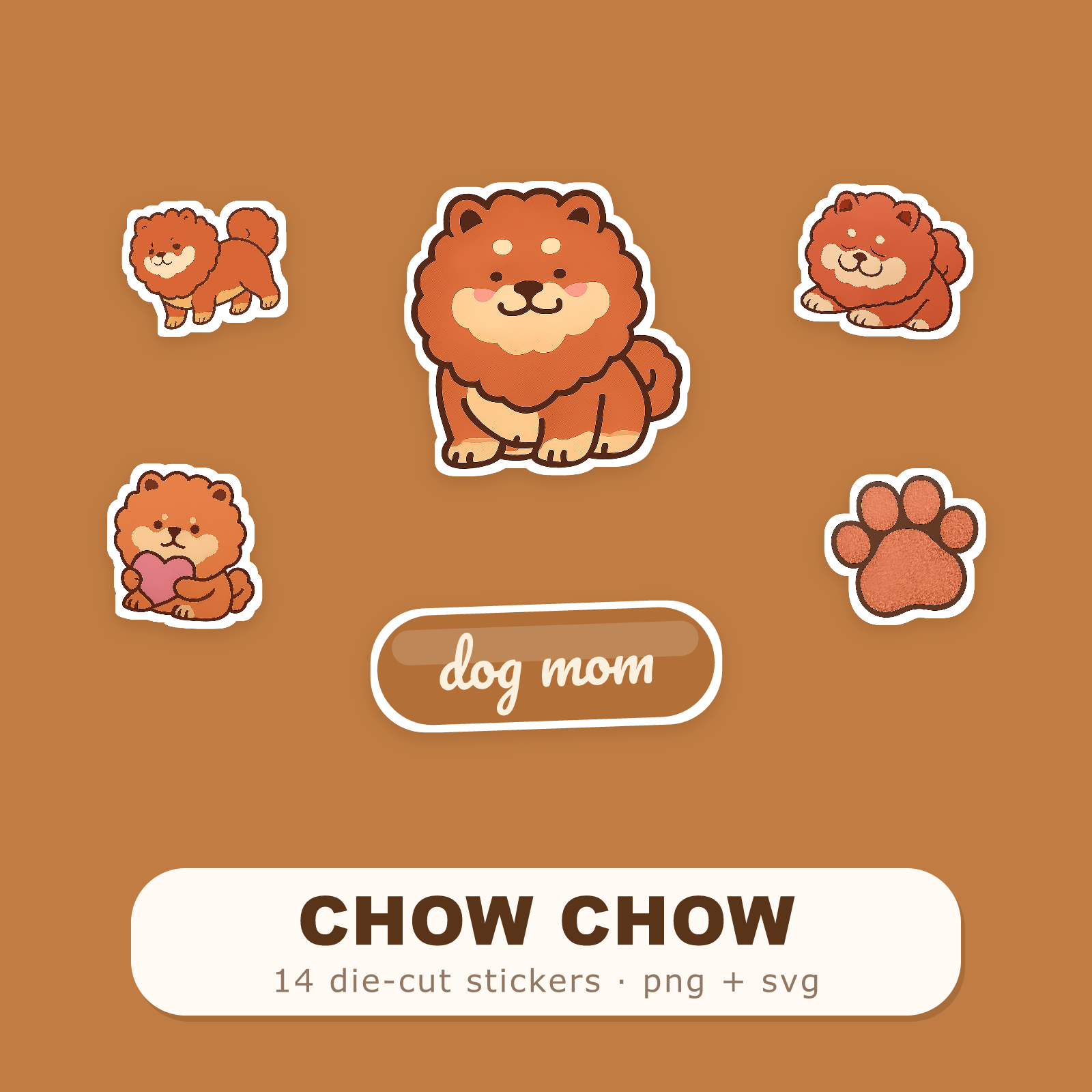 Chow Chow Kawaii Sticker Pack — Dog Mom Die-Cut Stickers (PNG + SVG, Commercial Use)