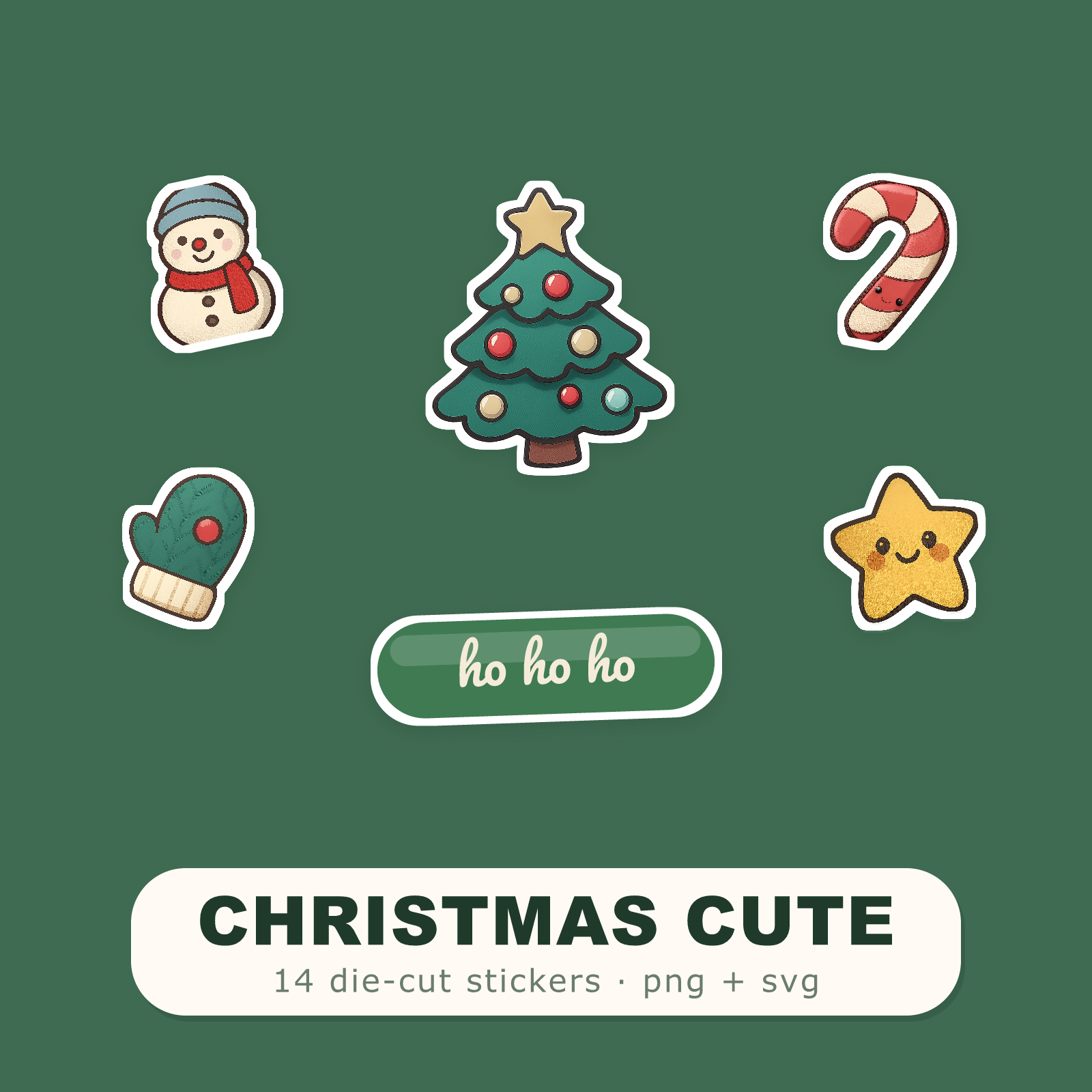 Christmas Sticker Pack — 14 Die-Cut Tree, Snowman & Gingerbread Stickers (PNG + SVG, Commercial Use)