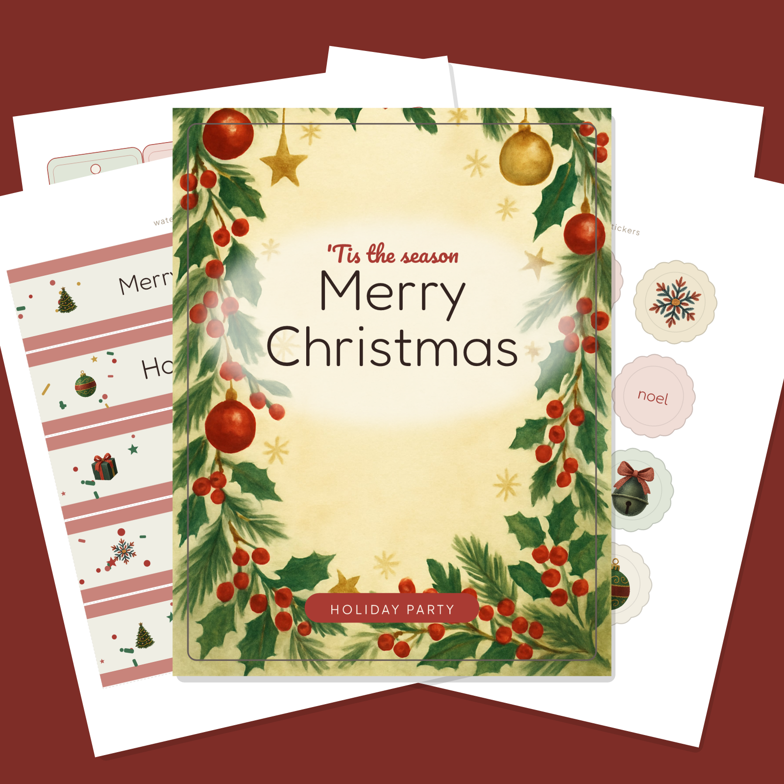 Christmas Party Printables Set — Cupcake Toppers, Favor Tags, Labels & Welcome Sign (Printable PDF + SVG)