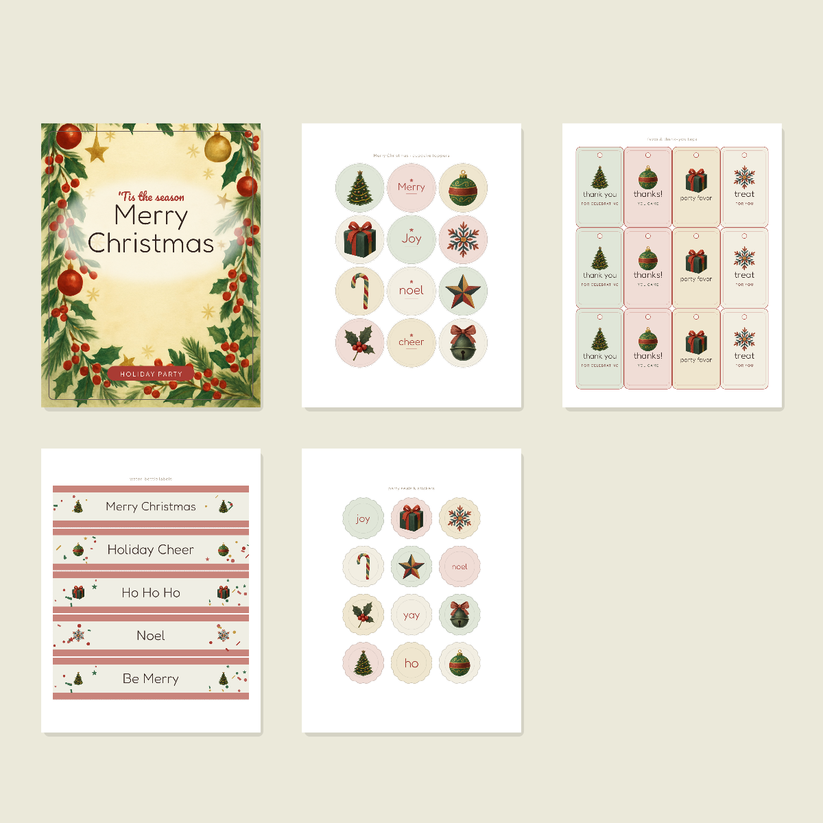 Christmas Party Printables Set — Cupcake Toppers, Favor Tags, Labels & Welcome Sign (Printable PDF + SVG) preview 3