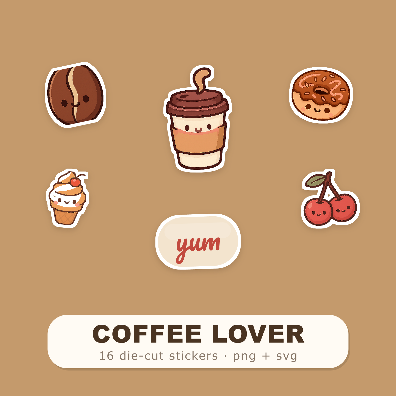 Coffee Lover Sticker Pack — 16 Die-Cut Coffee, Croissant & Cafe Stickers (PNG + SVG, Commercial Use)