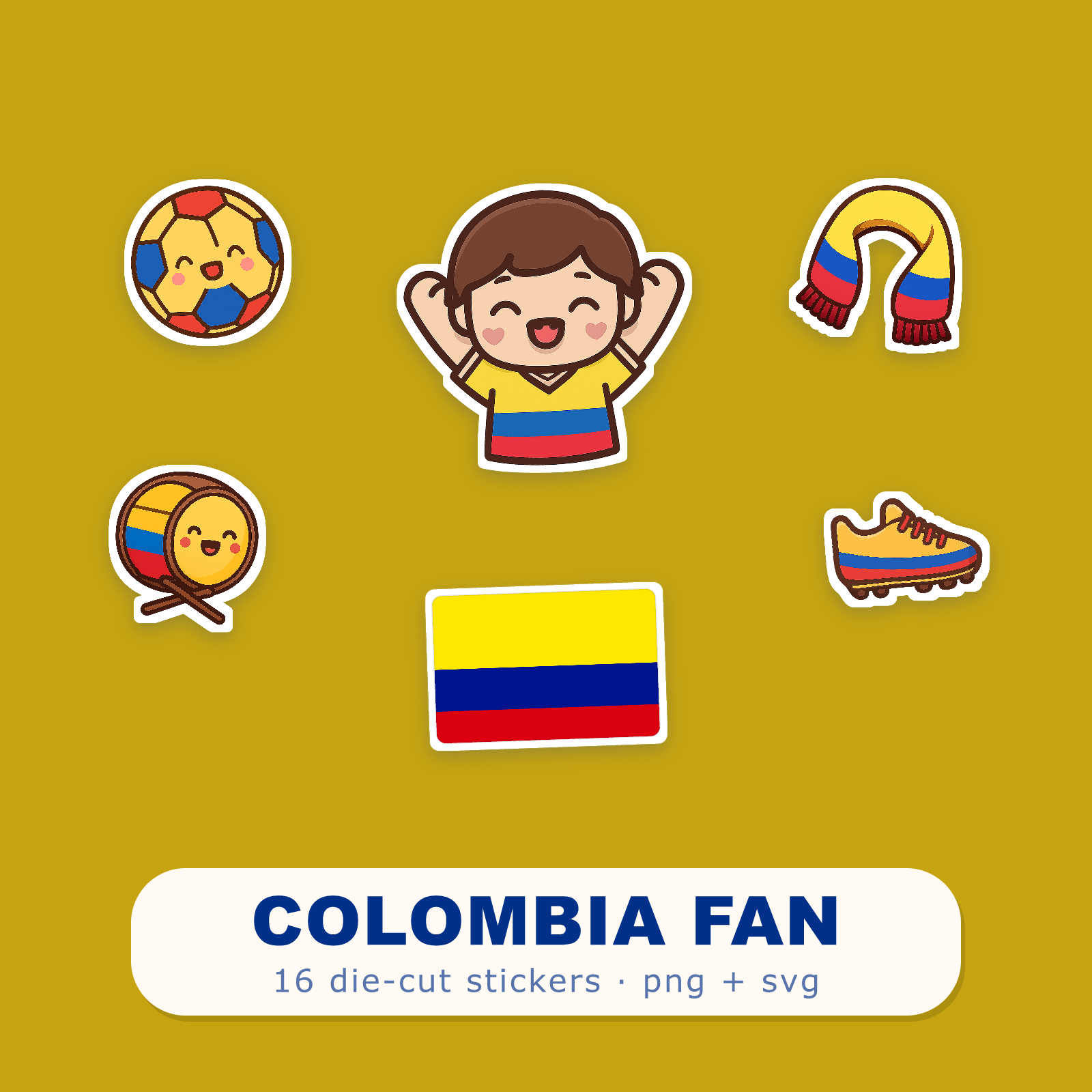 Colombia Football Fan Sticker Pack — 16 Kawaii Die-Cut Supporter Stickers (PNG + SVG)