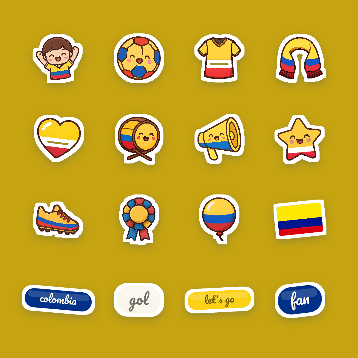 Colombia Football Fan Sticker Pack — 16 Kawaii Die-Cut Supporter Stickers (PNG + SVG) preview 4