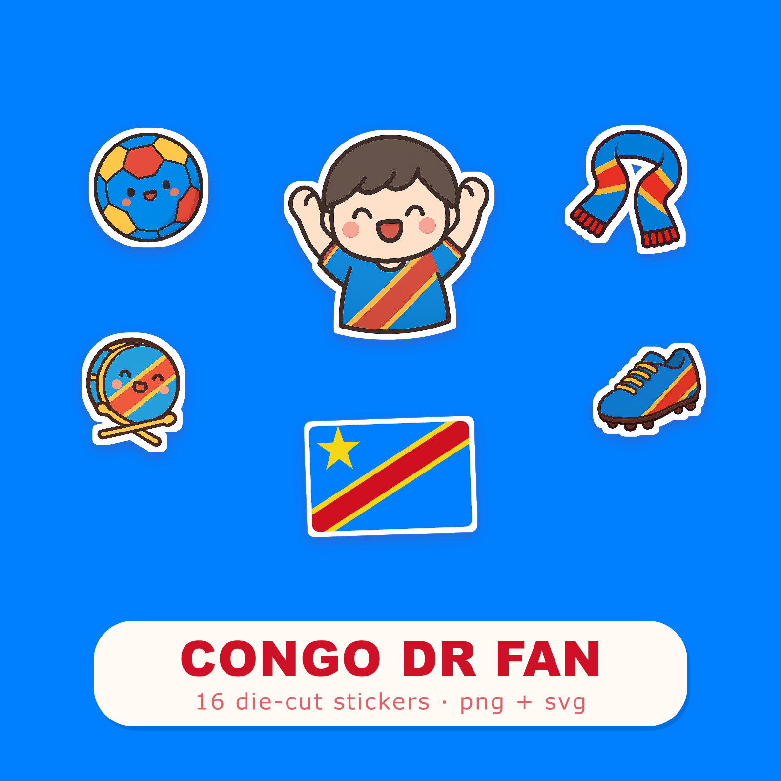 Congo DR Football Fan Sticker Pack — 16 Kawaii Die-Cut Supporter Stickers (PNG + SVG)