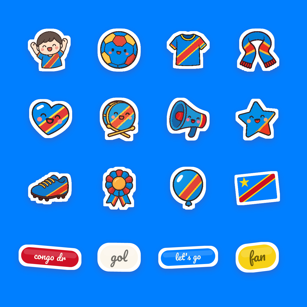 Congo DR Football Fan Sticker Pack — 16 Kawaii Die-Cut Supporter Stickers (PNG + SVG) preview 4