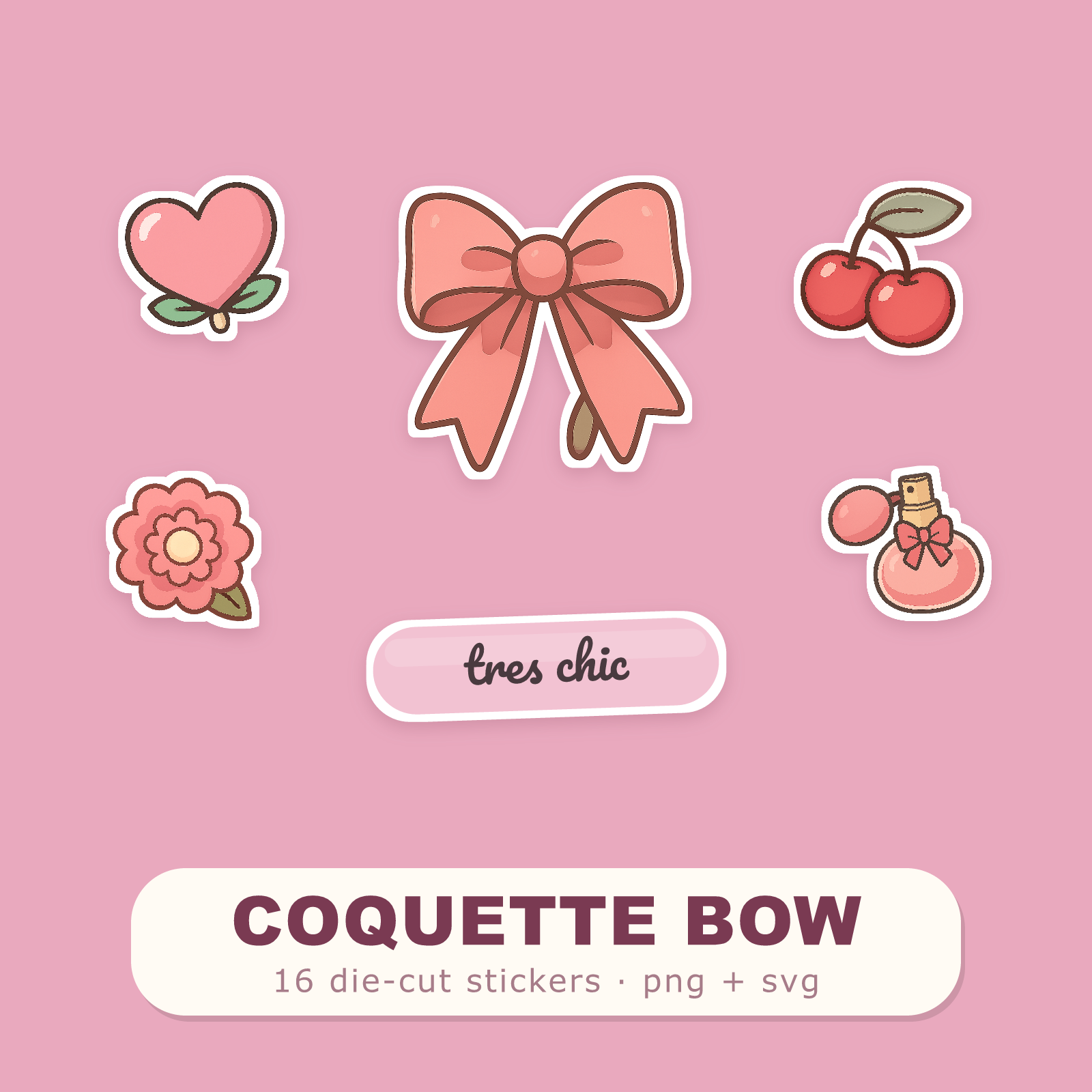 Coquette Sticker Pack — 16 Die-Cut Bow, Heart & Strawberry Stickers (PNG + SVG, Commercial Use)