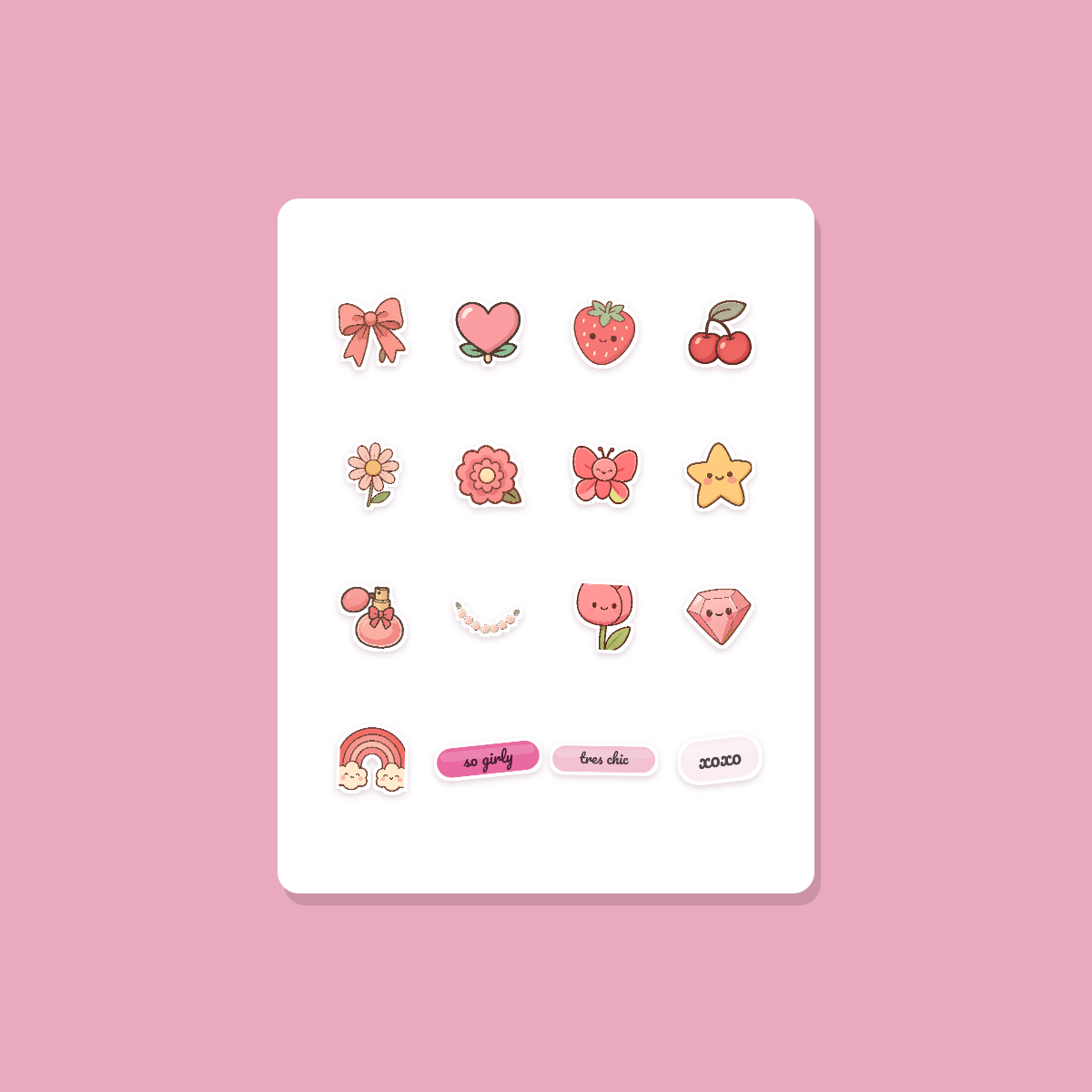 Coquette Sticker Pack — 16 Die-Cut Bow, Heart & Strawberry Stickers (PNG + SVG, Commercial Use) preview 3