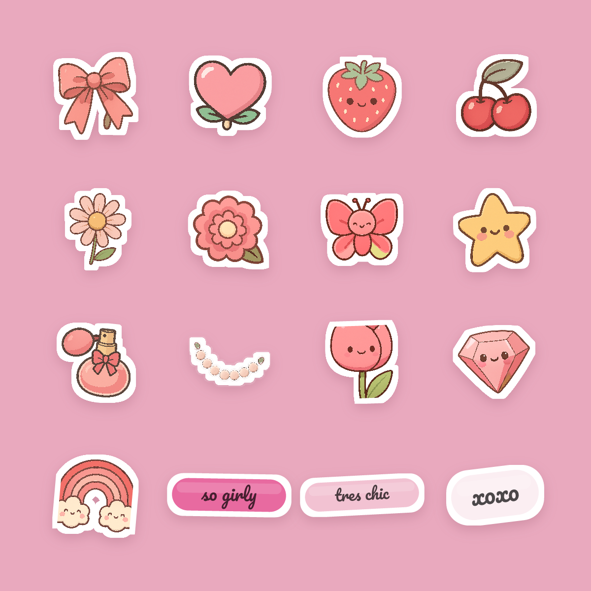 Coquette Sticker Pack — 16 Die-Cut Bow, Heart & Strawberry Stickers (PNG + SVG, Commercial Use) preview 4