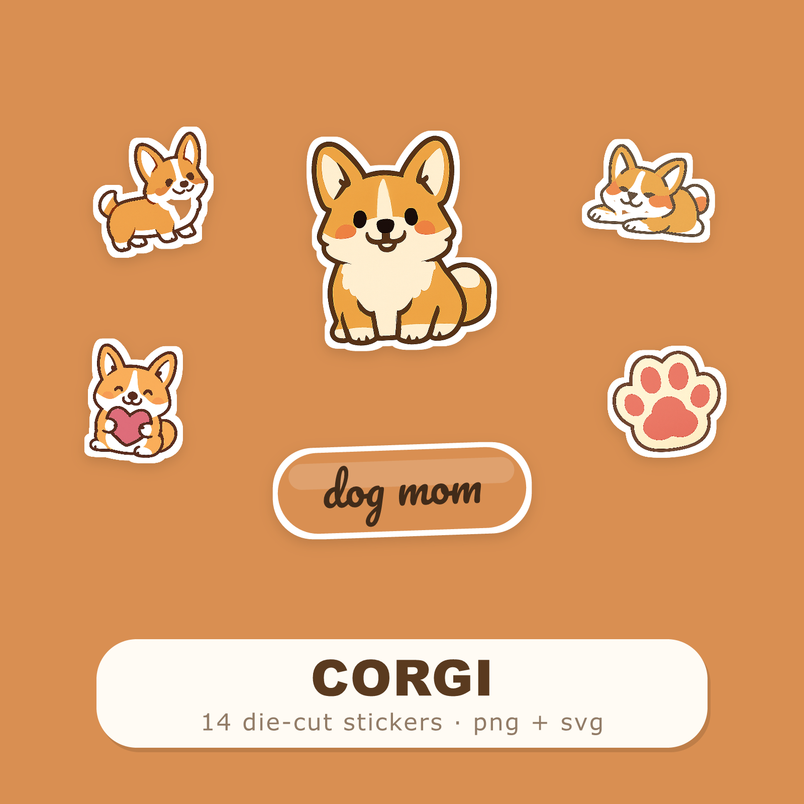 Corgi Kawaii Sticker Pack — Dog Mom Die-Cut Stickers (PNG + SVG, Commercial Use)