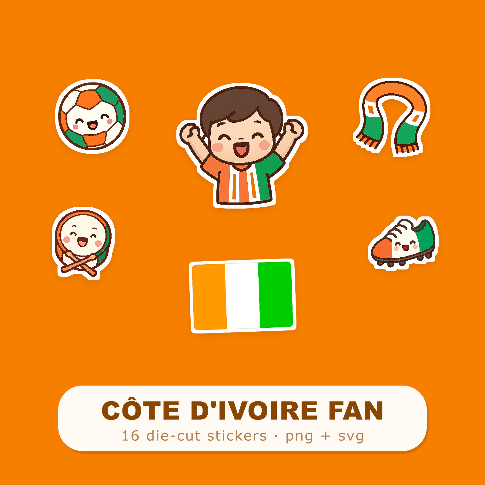 Côte d'Ivoire Football Fan Sticker Pack — 16 Kawaii Die-Cut Supporter Stickers (PNG + SVG)