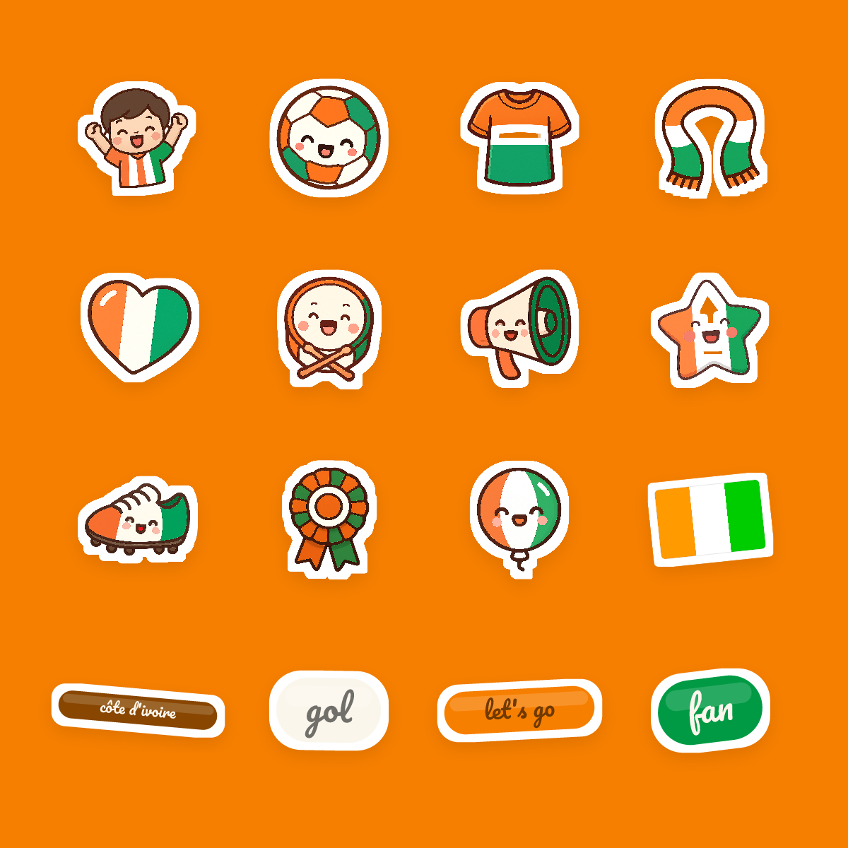 Côte d'Ivoire Football Fan Sticker Pack — 16 Kawaii Die-Cut Supporter Stickers (PNG + SVG) preview 4