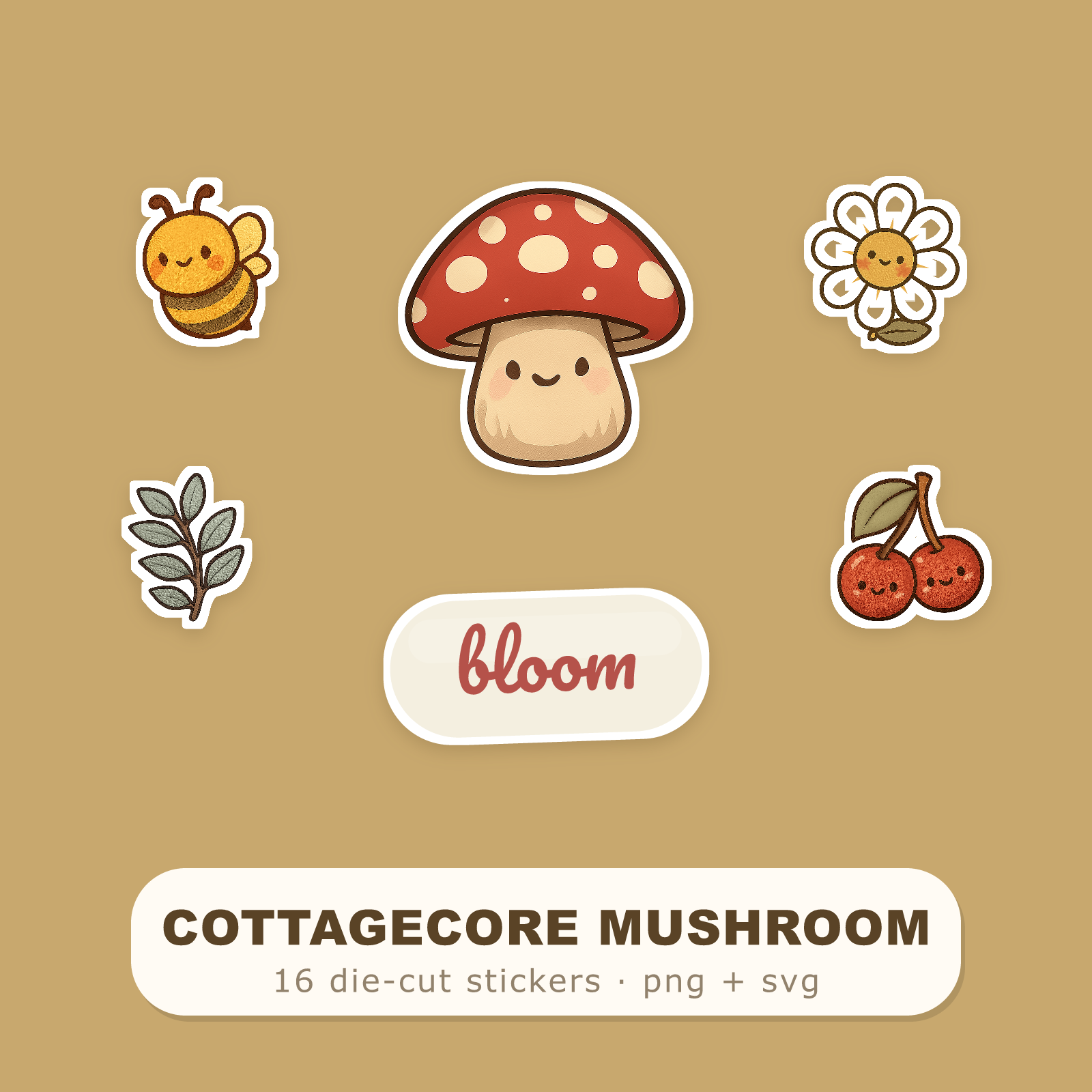 Cottagecore Sticker Pack — 16 Die-Cut Mushroom, Bee & Wildflower Stickers (PNG + SVG, Commercial Use)