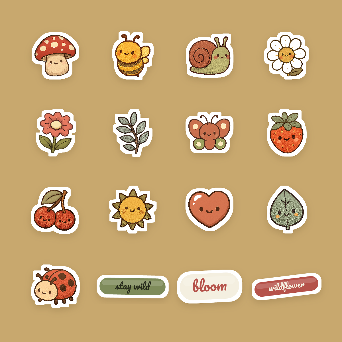 Cottagecore Sticker Pack — 16 Die-Cut Mushroom, Bee & Wildflower Stickers (PNG + SVG, Commercial Use) preview 4