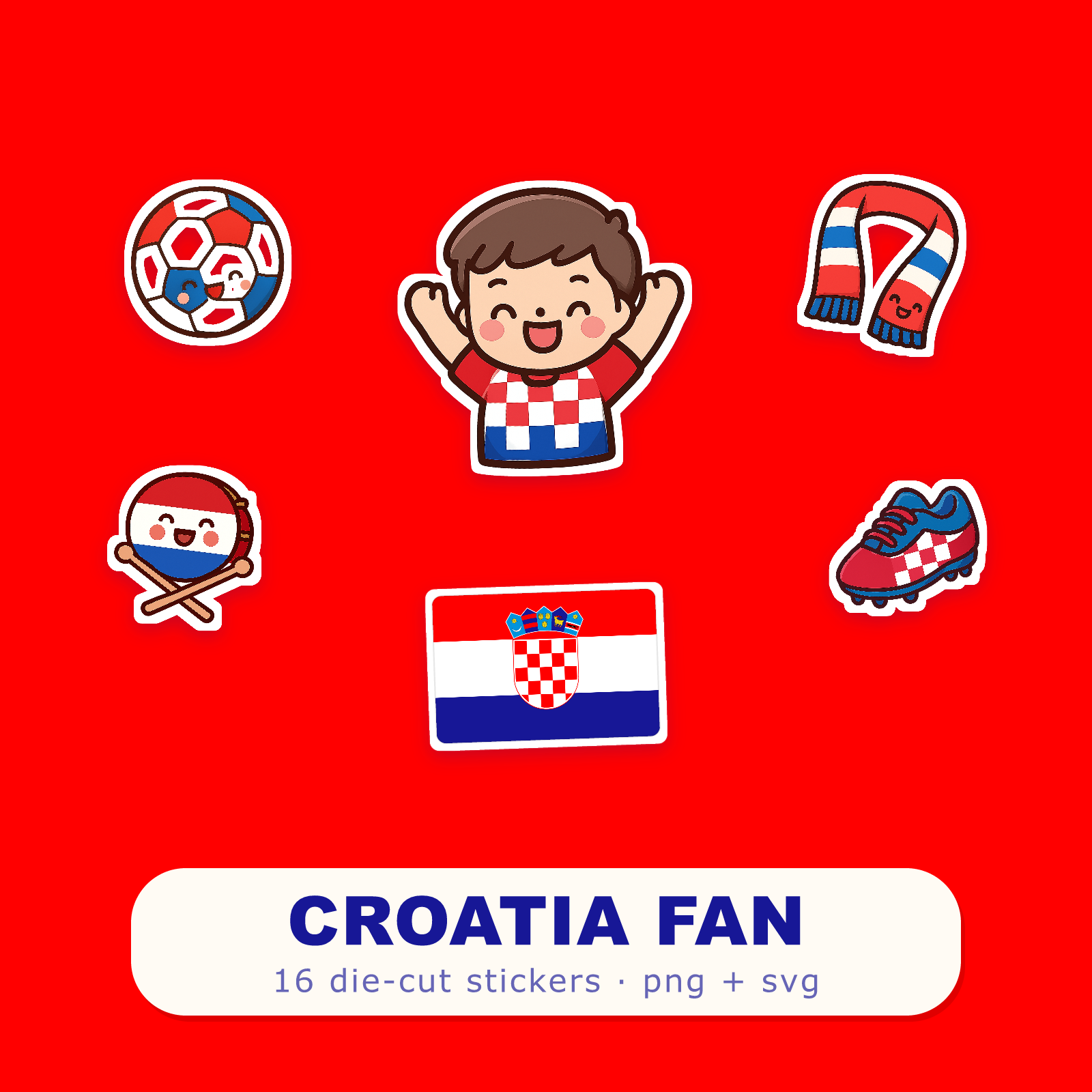 Croatia Football Fan Sticker Pack — 16 Kawaii Die-Cut Supporter Stickers (PNG + SVG)