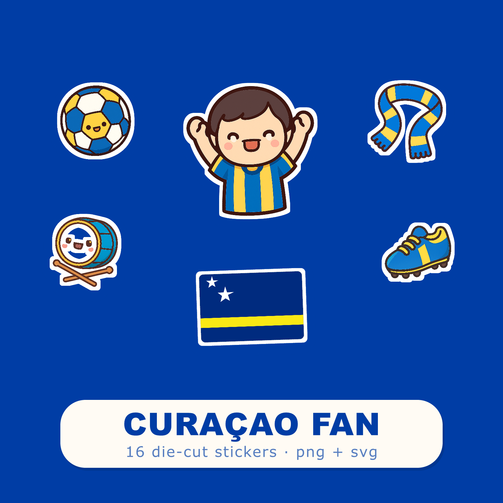 Curaçao Football Fan Sticker Pack — 16 Kawaii Die-Cut Supporter Stickers (PNG + SVG)