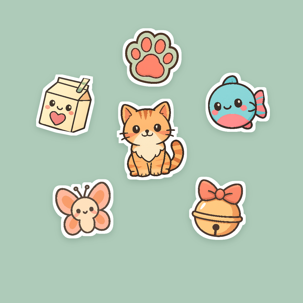 Cute Cat Sticker Pack — 16 Die-Cut Kawaii Kitten, Paw & Yarn Stickers (PNG + SVG, Commercial Use) preview 2