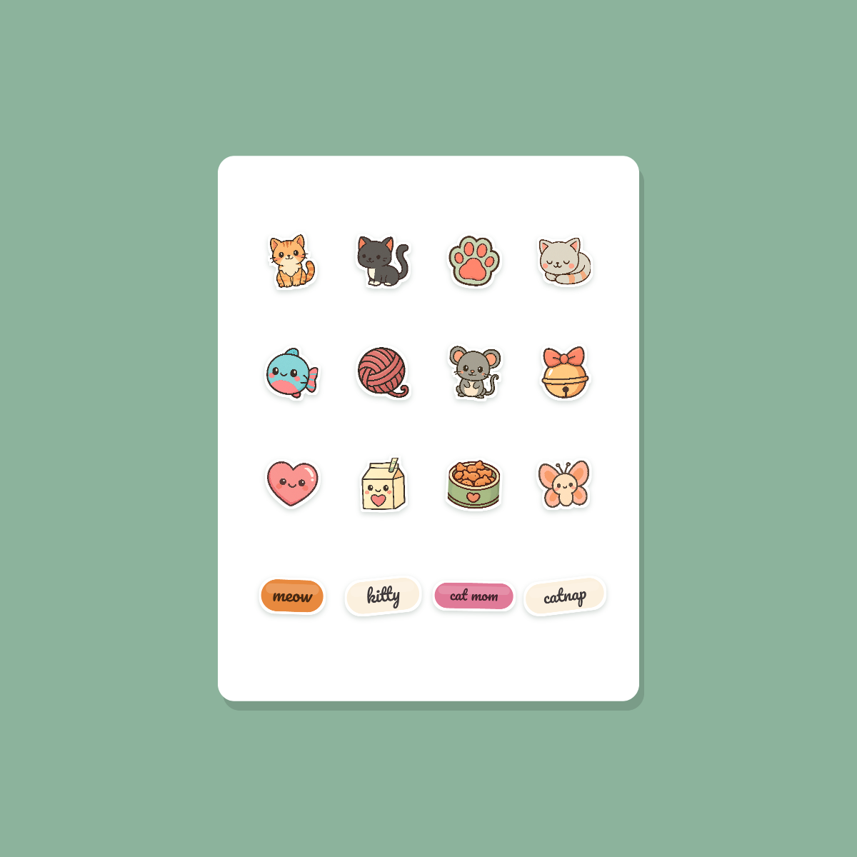 Cute Cat Sticker Pack — 16 Die-Cut Kawaii Kitten, Paw & Yarn Stickers (PNG + SVG, Commercial Use) preview 3