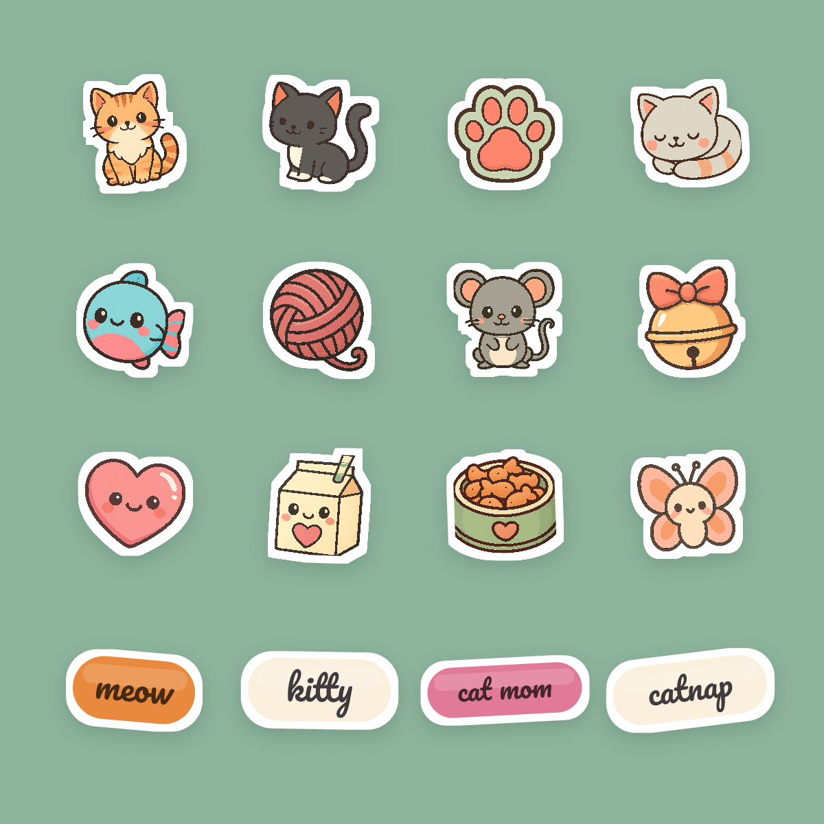 Cute Cat Sticker Pack — 16 Die-Cut Kawaii Kitten, Paw & Yarn Stickers (PNG + SVG, Commercial Use) preview 4